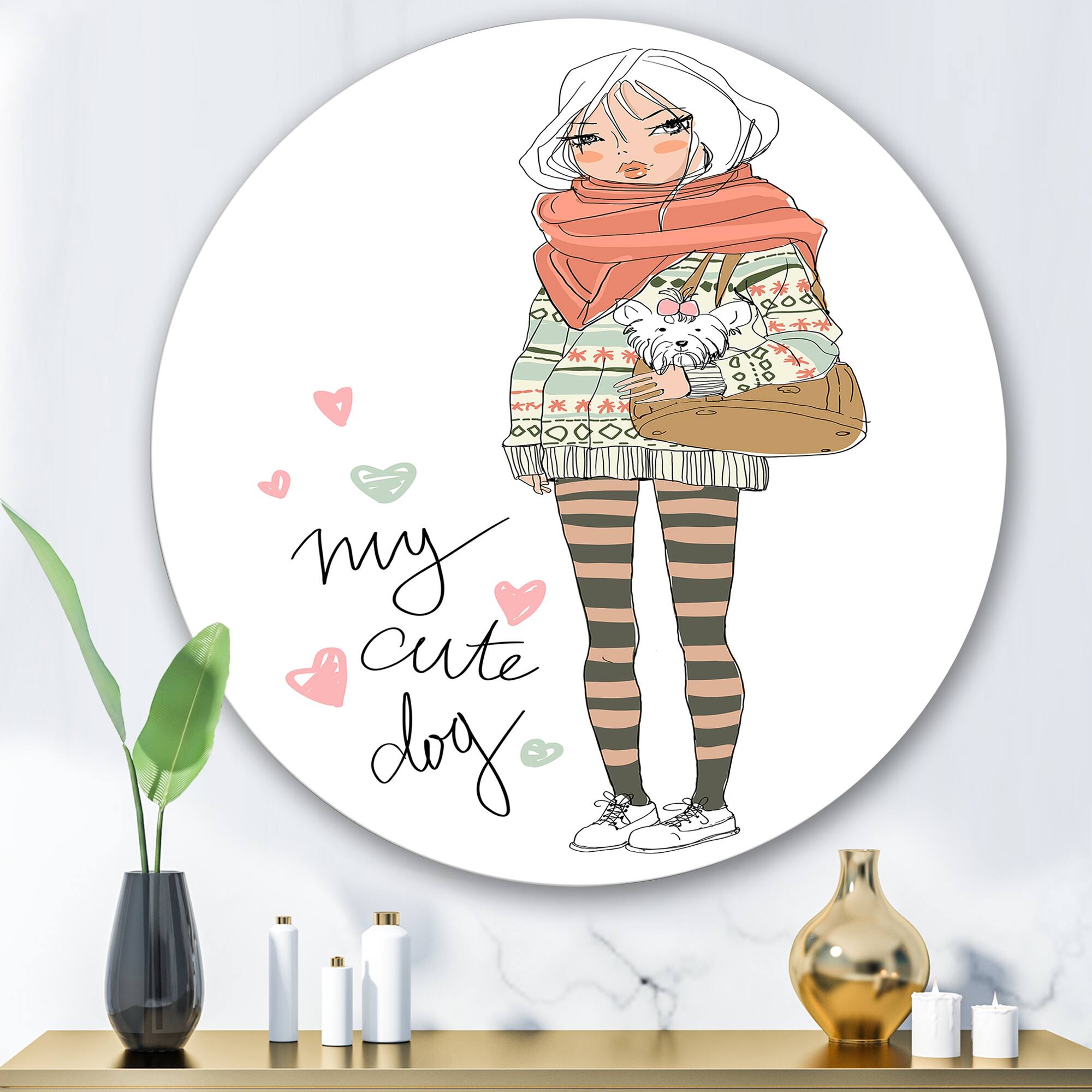 Designart - Cute Girl With Dog - Shabby Chic Metal Circle Wall Art