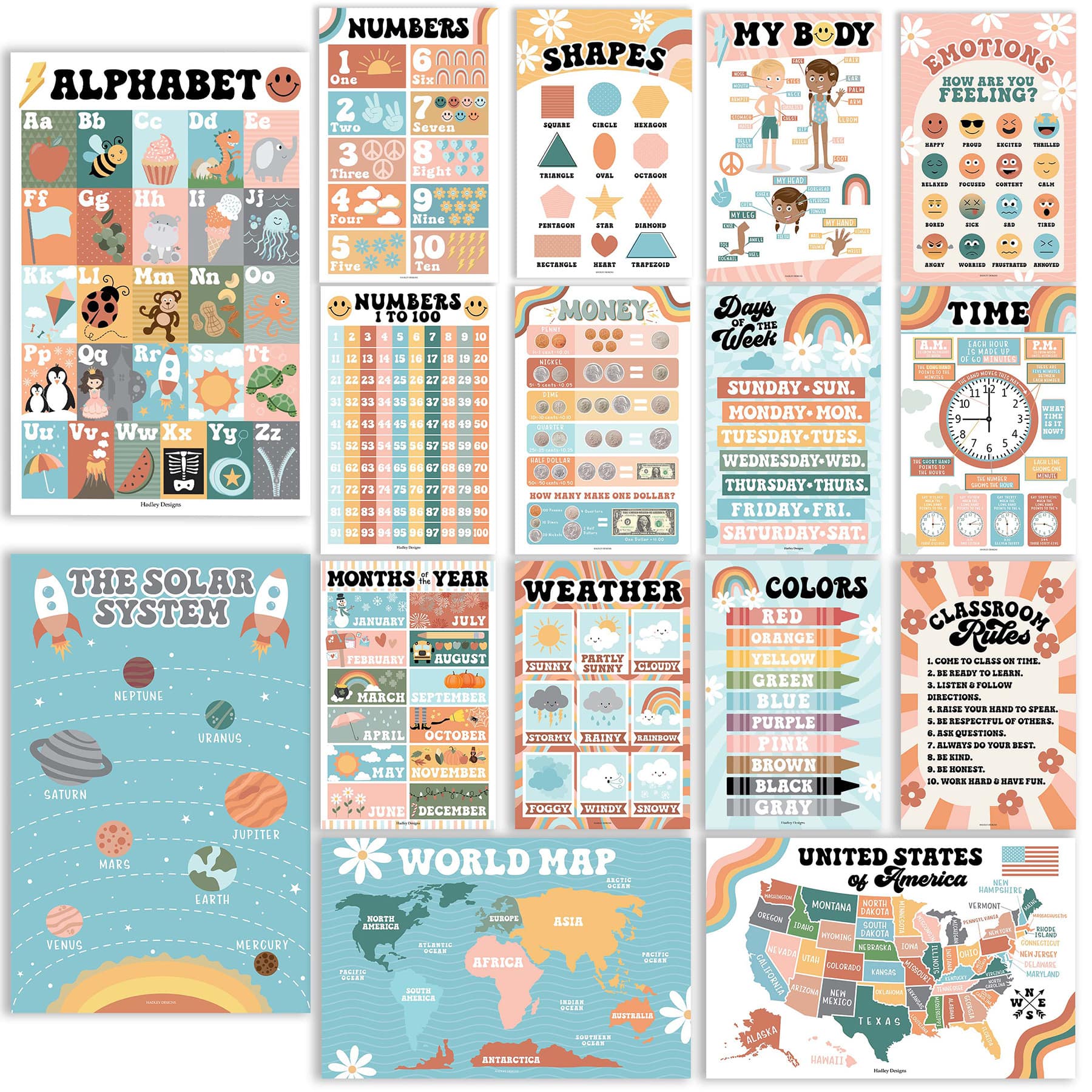 Hadley Designs 11" x 17" Designs Retro Boho Preschool Educational Laminated Posters Set