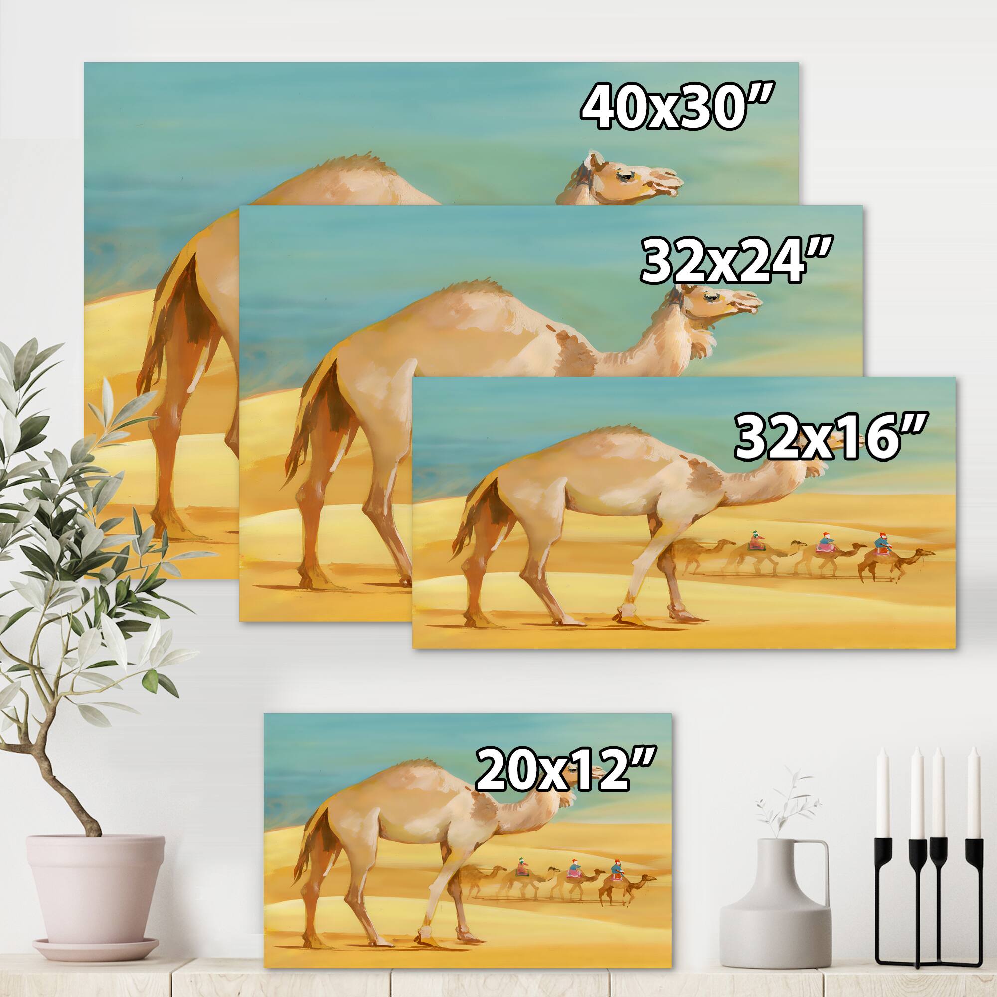 Designart - Camels In Desert - Farmhouse Canvas Wall Art Print