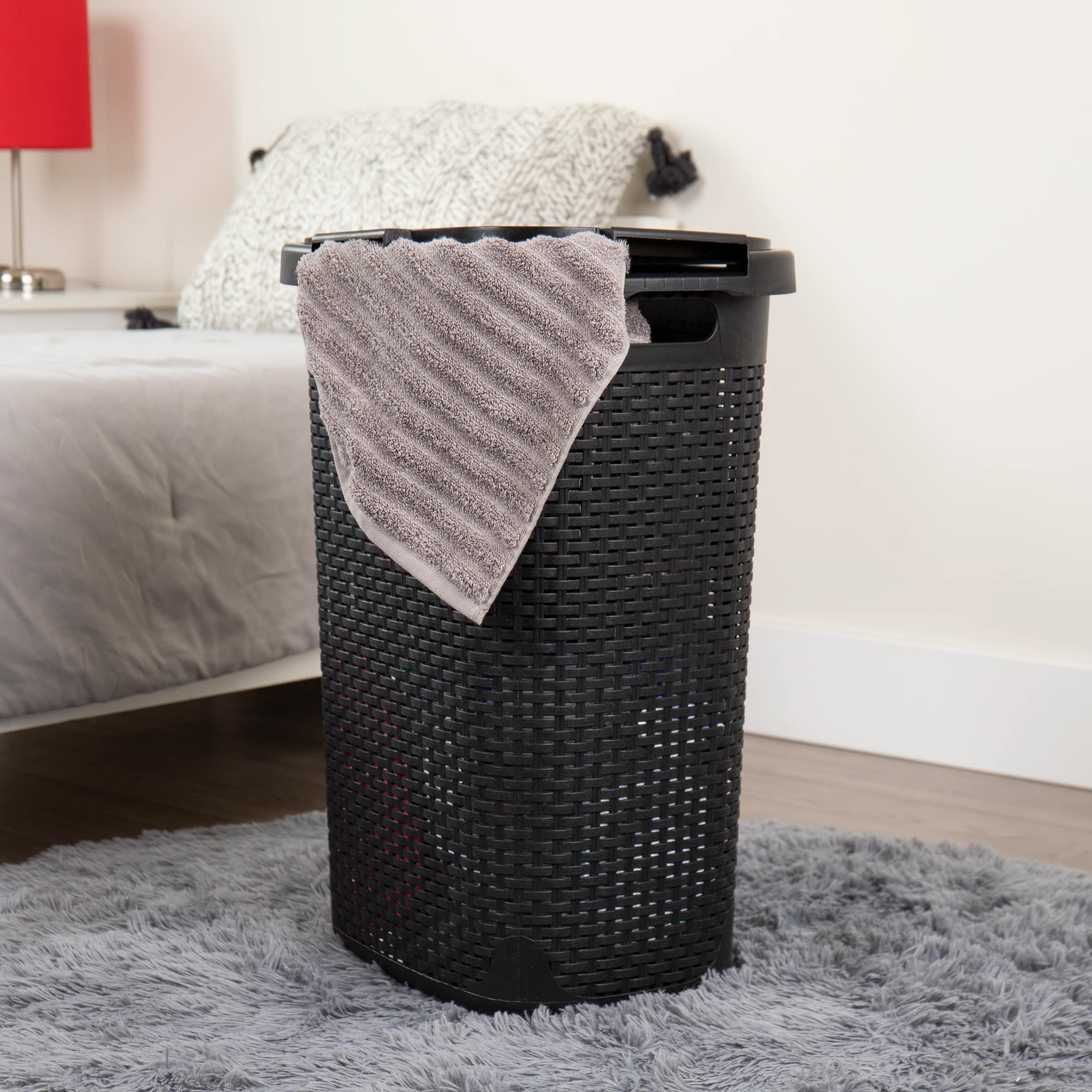 Mind Reader 60L Ventilated Slim Laundry Hamper with Cut Out Handles & Attached Hinged Lid
