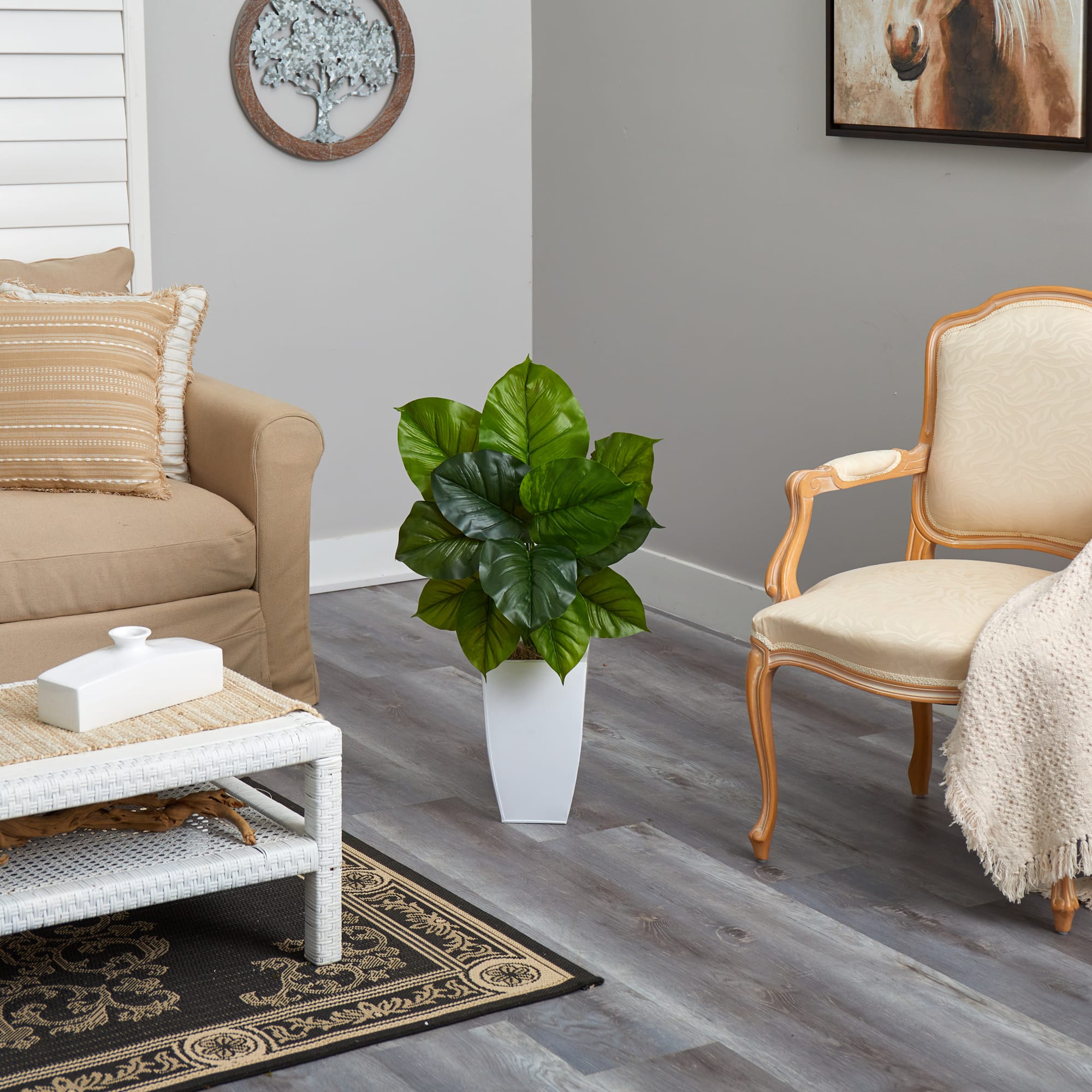 3ft. Large Philodendron Leaf Plant in White Metal Planter