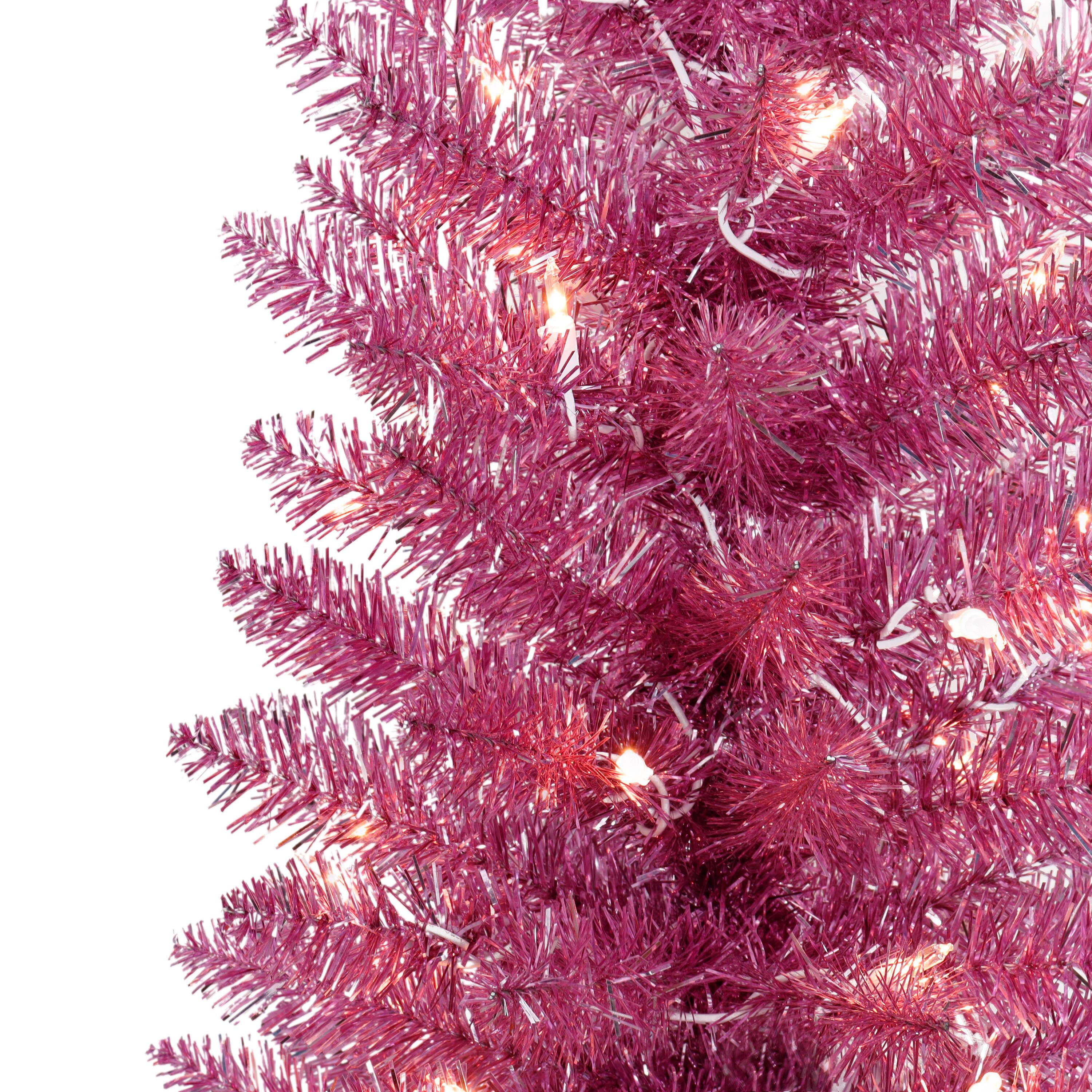 4.5ft. Pre-Lit Pink Tinsel Artificial Christmas Tree, Clear Lights