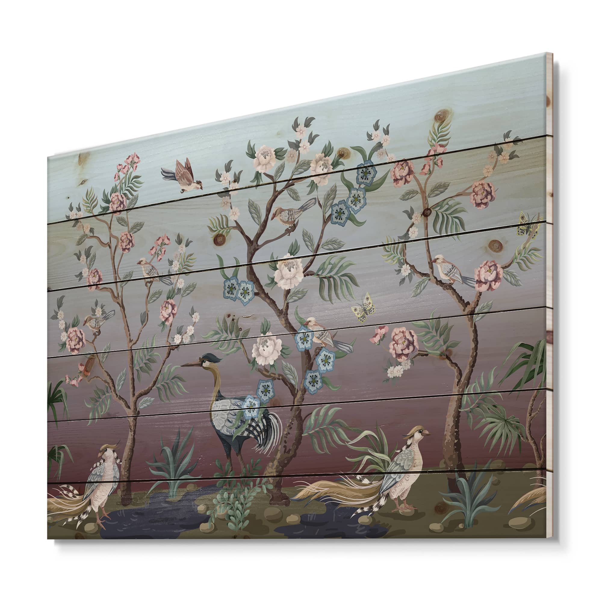 Designart - Chinoiserie With Birds and Peonies XI - Traditional Print on Natural Pine Wood