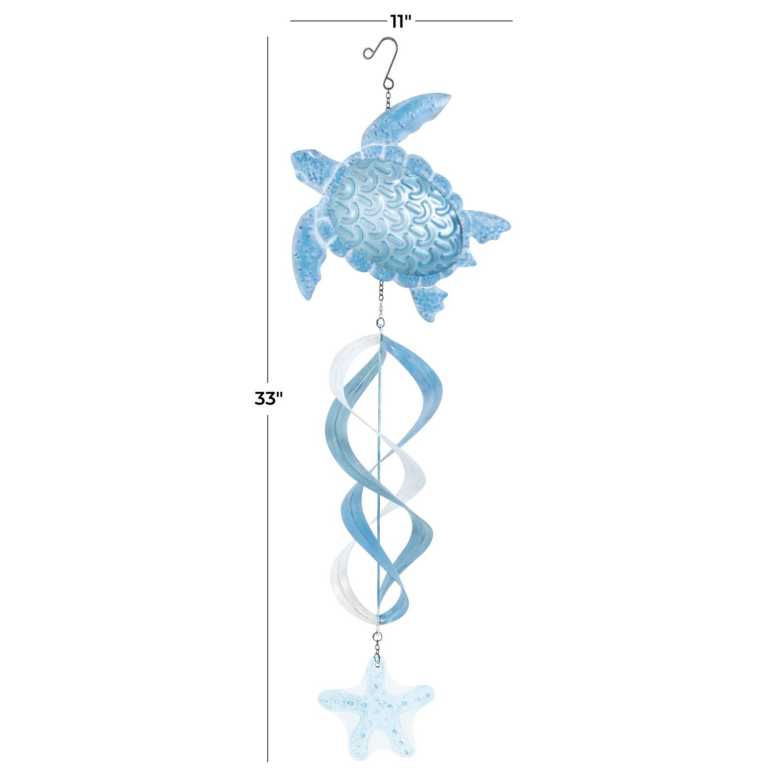 33" Blue Swirl Wind Spinner Metal Turtle & Starfish Windchime
