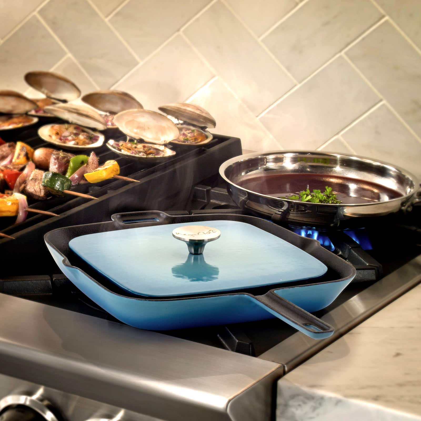MegaChef 11" Square Blue Enamel Cast Iron Grill Pan with Matching Grill Press