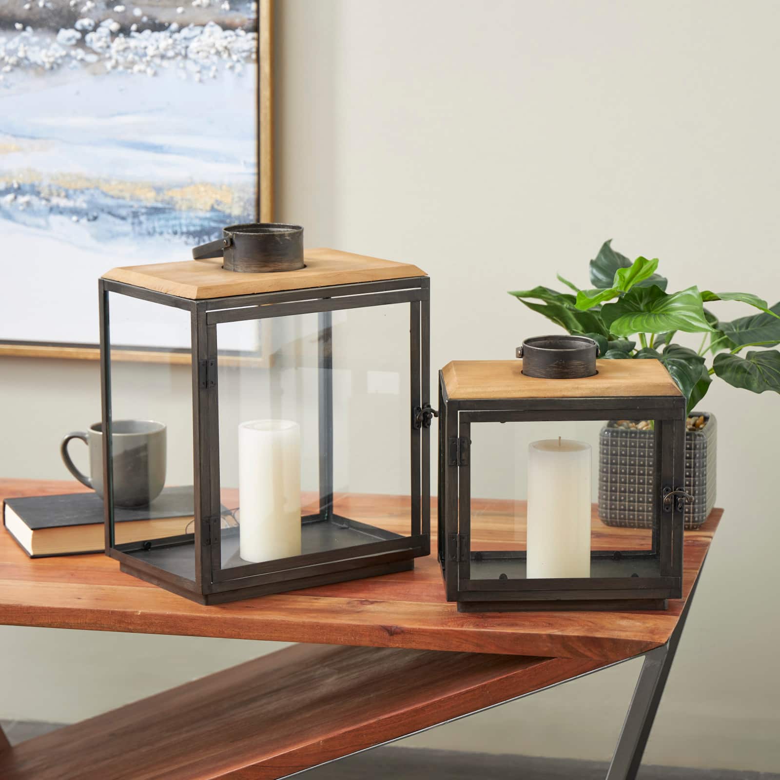 Dark Gray Brushed & Wood Top Rectangular Candle Lantern Set
