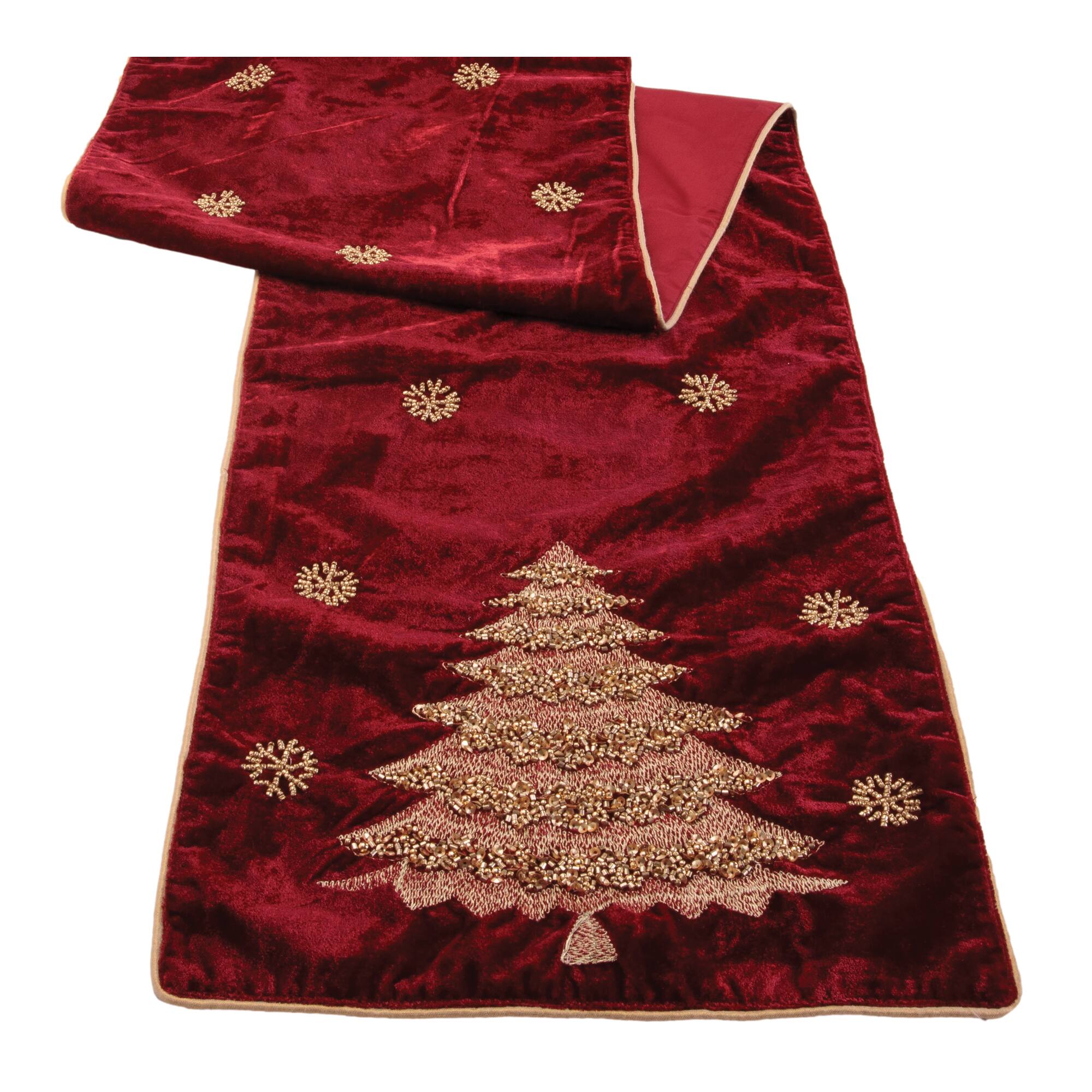Melrose 70" x 14" Red & Gold Embroidered Pine Tree Table Runner