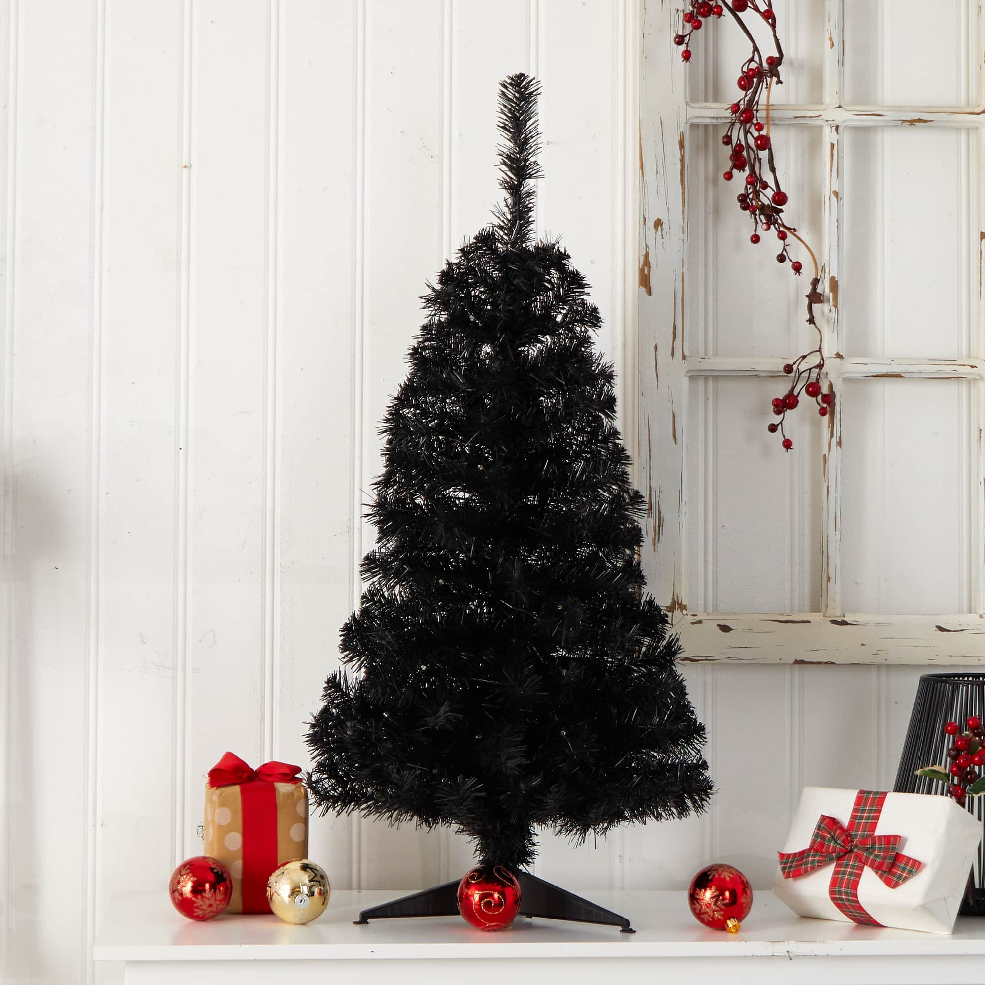 3ft. Pre-Lit Black Artificial Christmas Tree, Warm White LED Lights