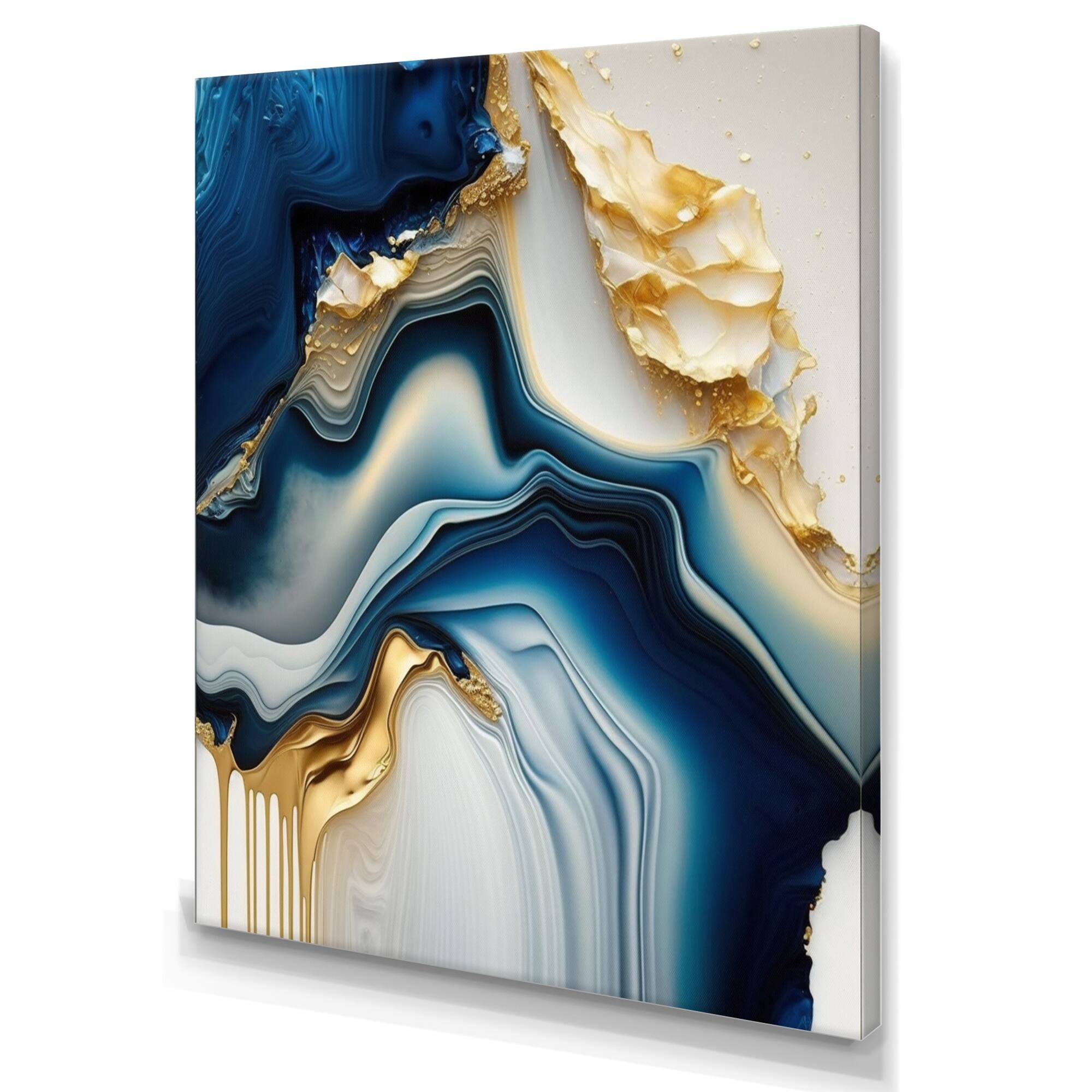 Designart 'Abstract Geode Gold And Blue Marble II' Marble Abstract Canvas Wall Art