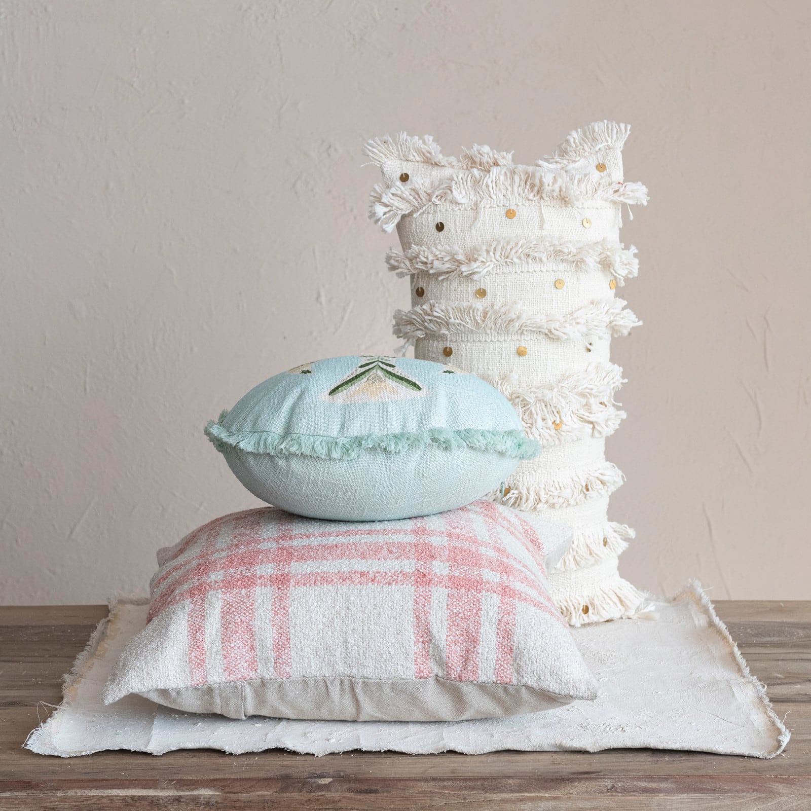 Hello Honey® 16" Light Green Embroidered Dove & Fringe Round Cotton Pillow Cover & Insert
