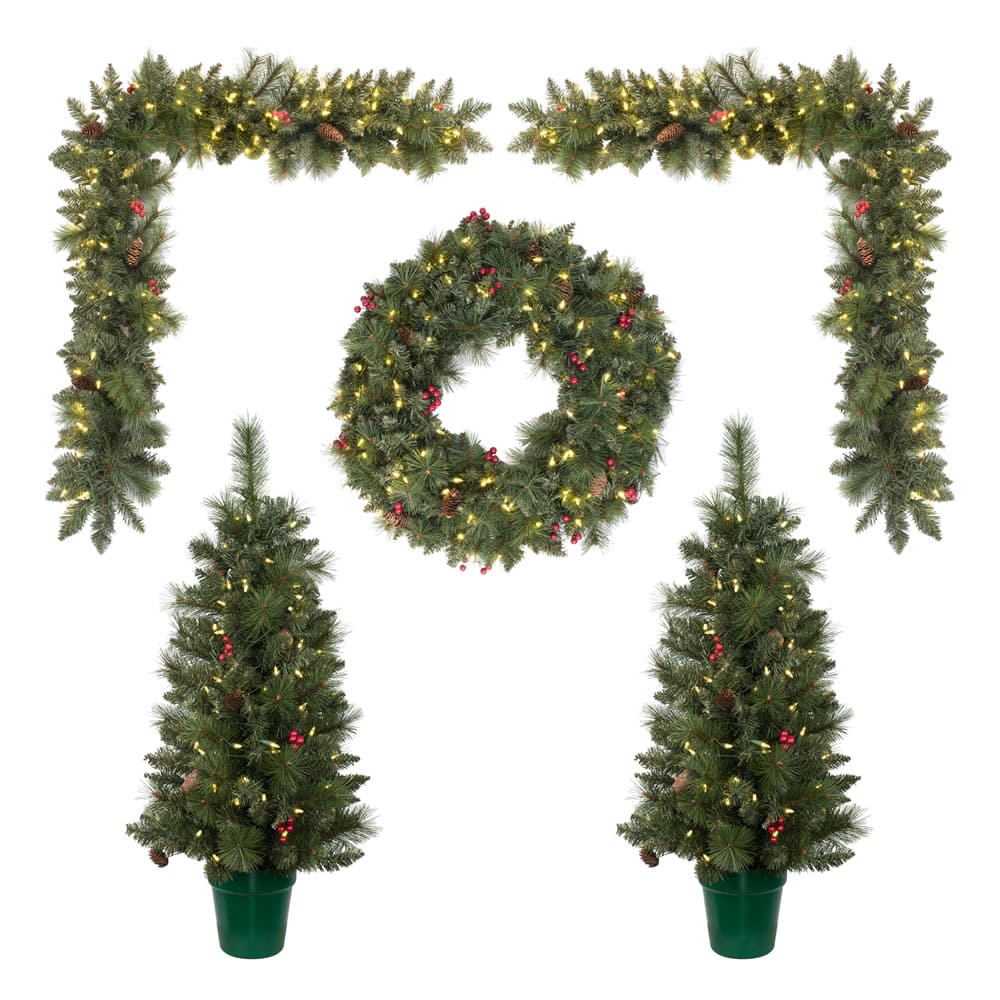 5-Piece Pre-Lit Front Door Artificial Christmas Set, Clear LED Lights
