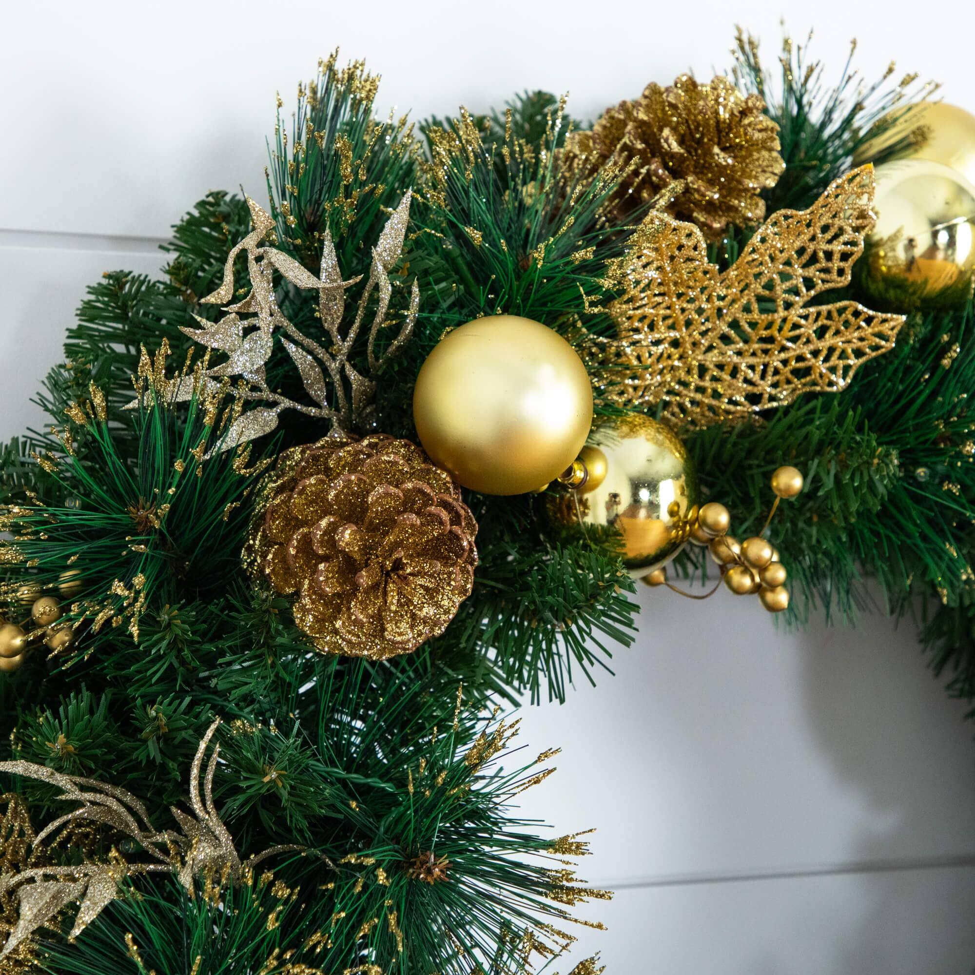 24in. Pre-Lit Artificial Golden Frosted Christmas Wreath with 50 Warm White LED Lights Pinecones, Berries and Ornaments