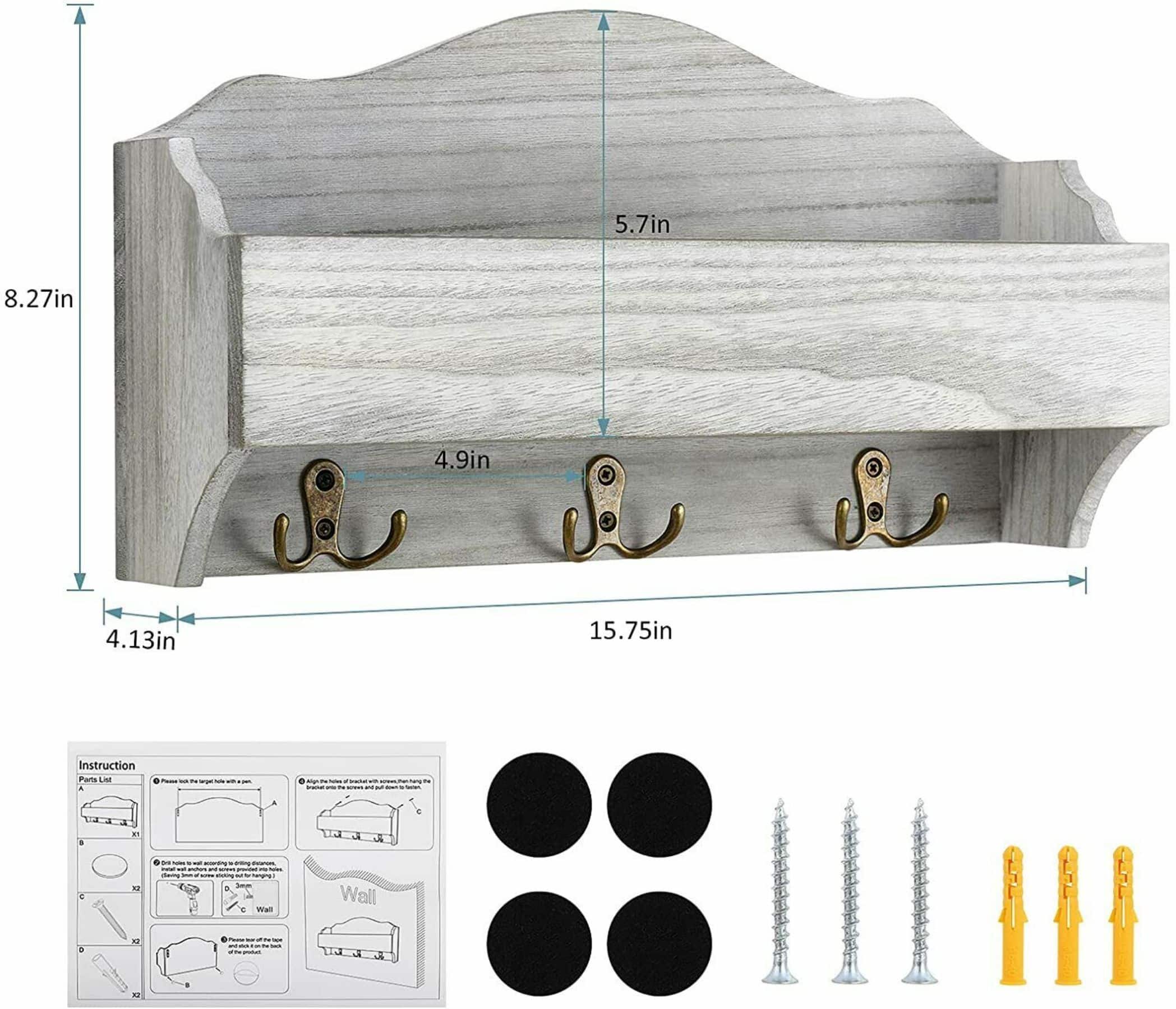 Rustic White Wooden Mail 1-Piece Floating Wall Shelf With 6 Key Hooks