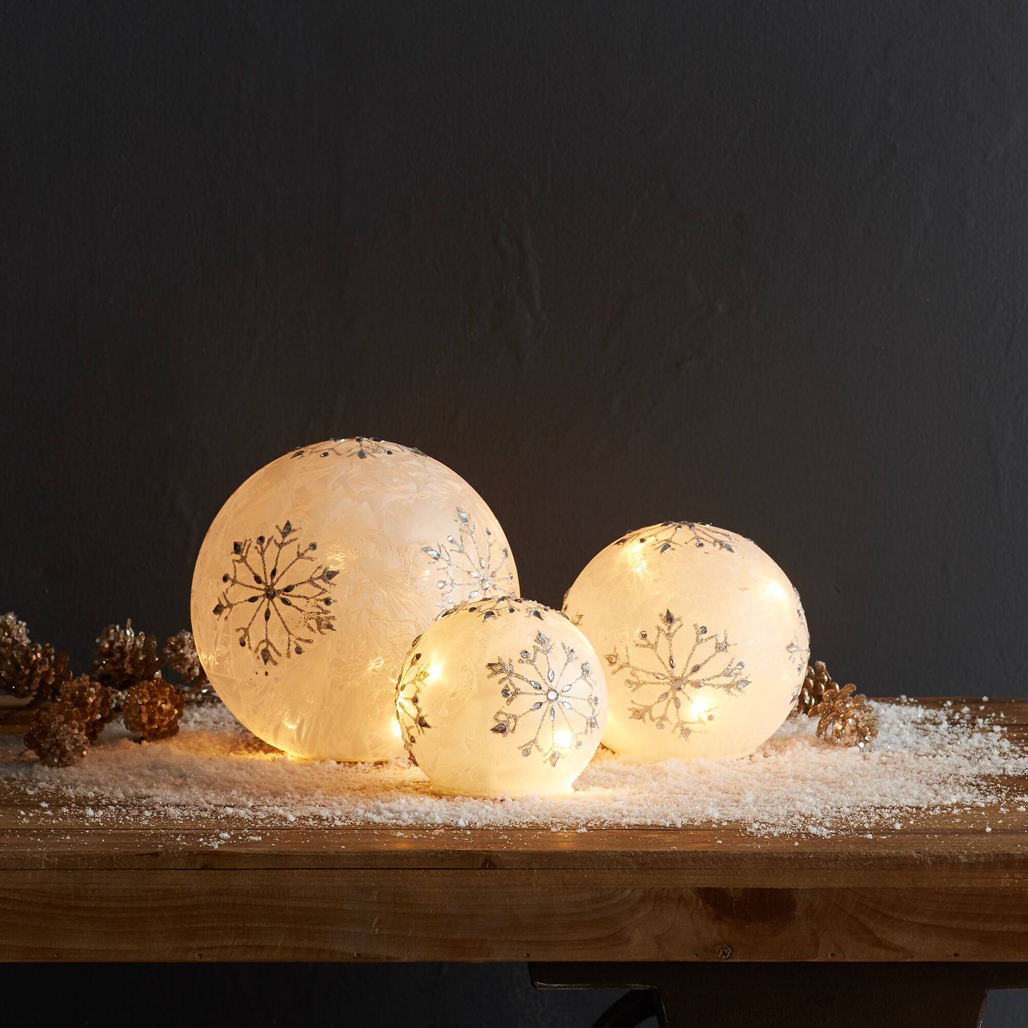 Melrose White & Silver LED Frosted Snowflake Jewel Globe Set