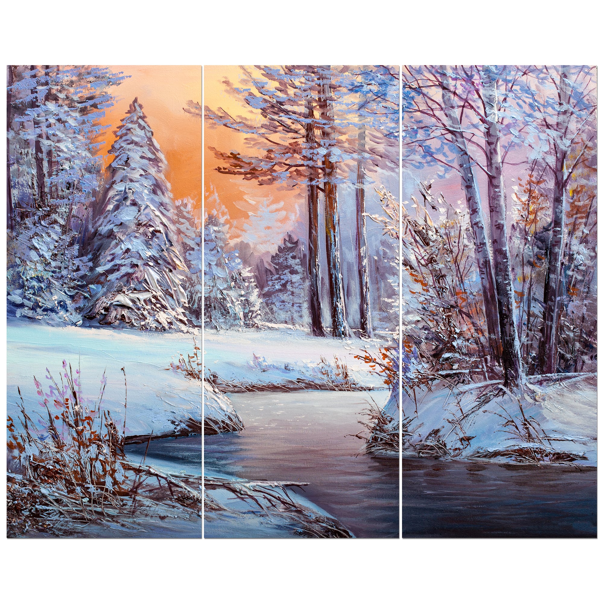 Designart - Forest in Winter Sunset - Landscapes Painting Print on Wrapped Canvas set