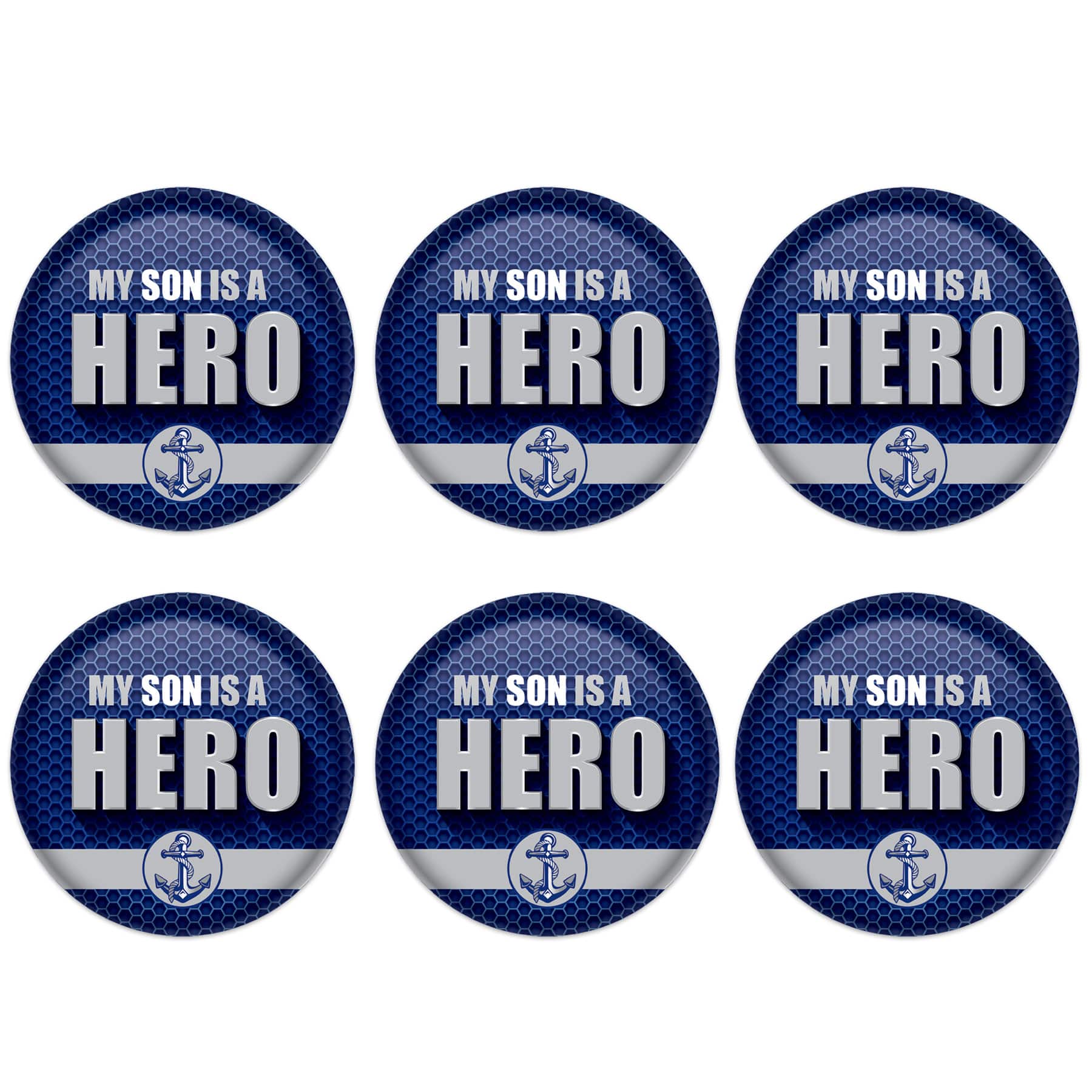 Beistle 2" Blue & Silver My Son Is A Hero Buttons, 6ct.