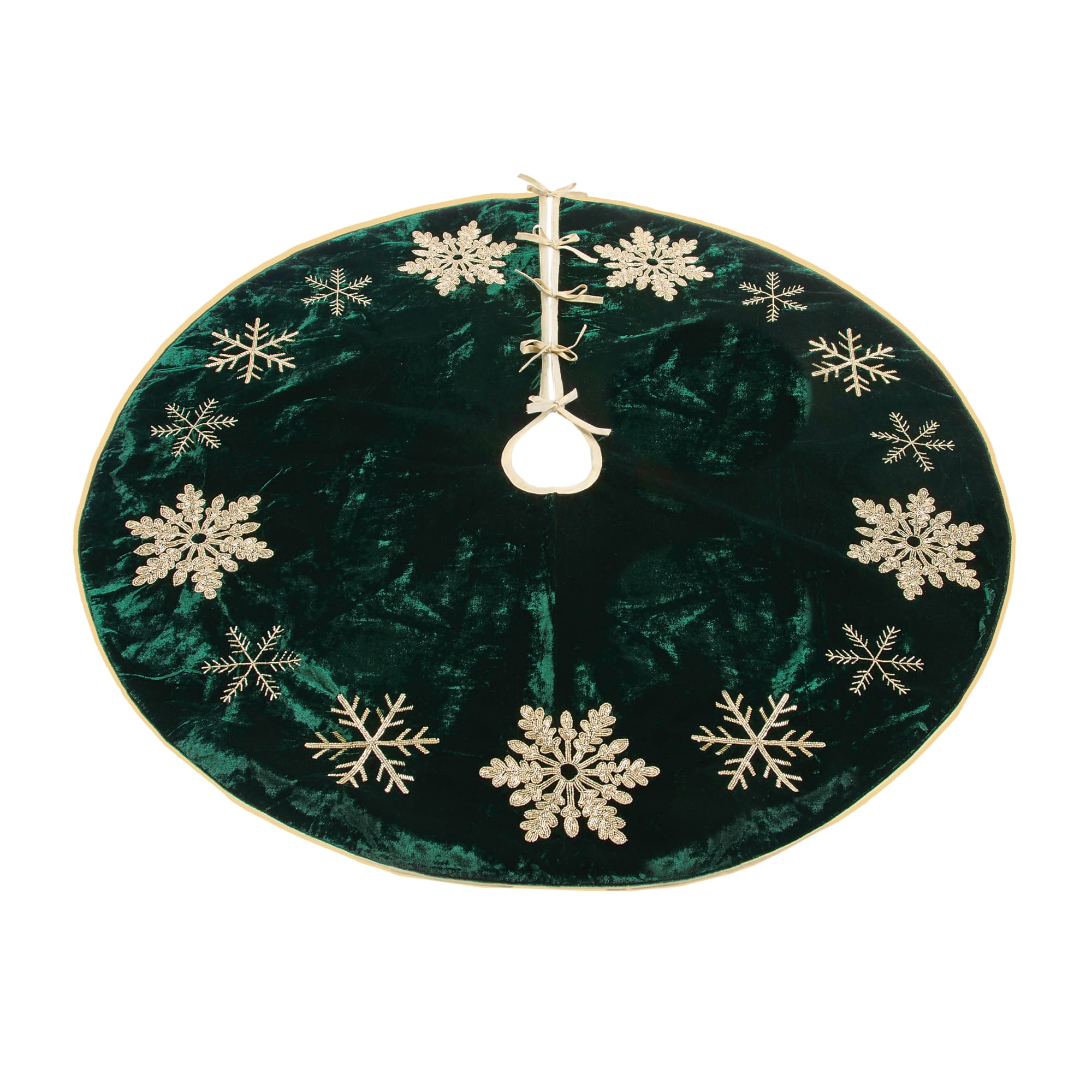 Melrose 26.75" Green & Gold Embroidered Snowflake Christmas Tree Skirt