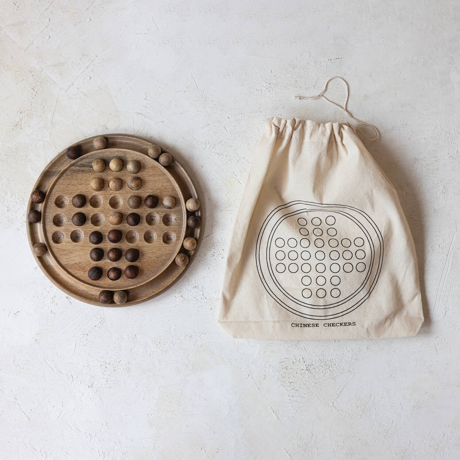 Hello Honey® 9.75" Round Walnut Finish Natural Mango Wood Chinese Checkers Set in Drawstring Bag