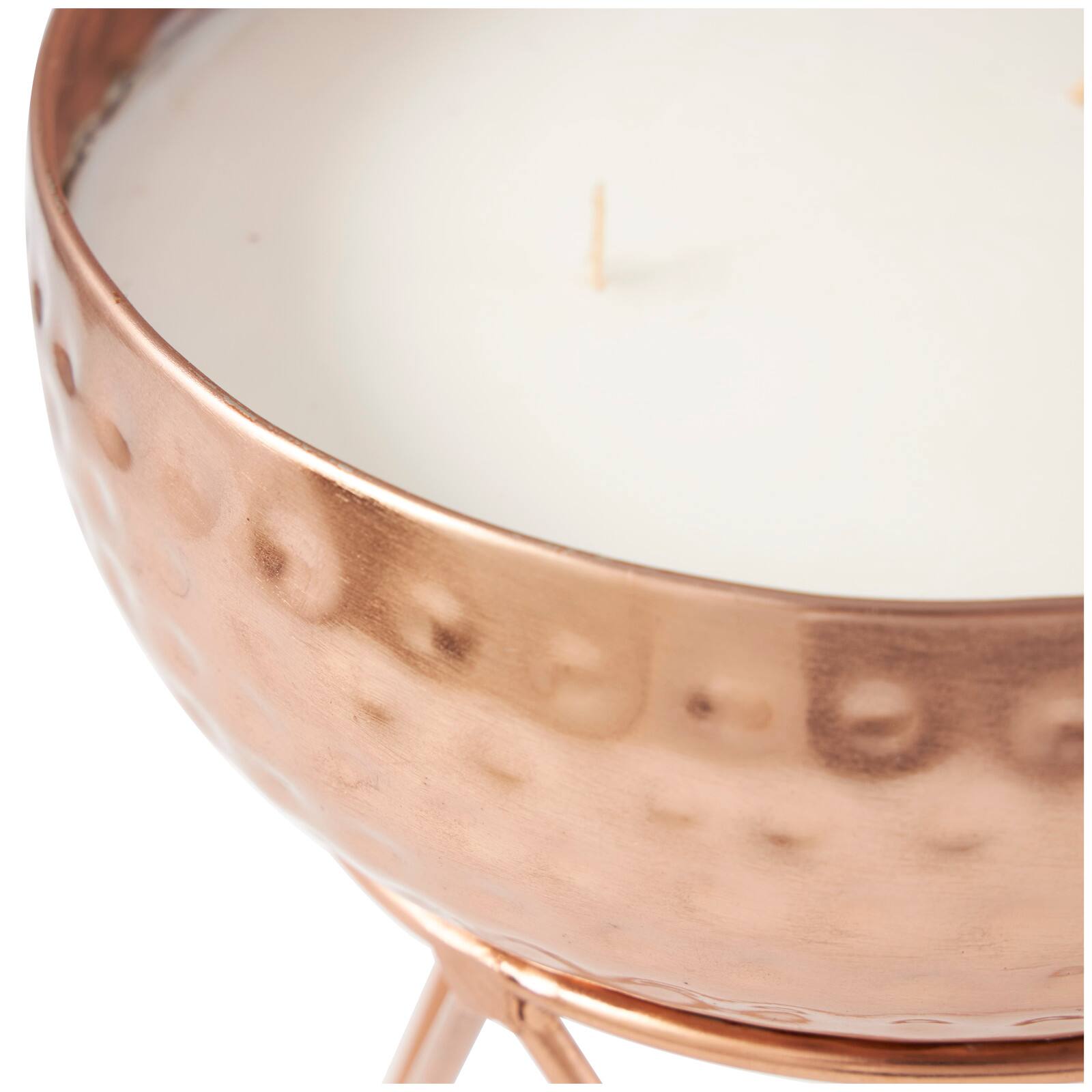 White Wax Vanilla Marshmallow Scented Candle with Hammered Copper Container and Tripod Stand