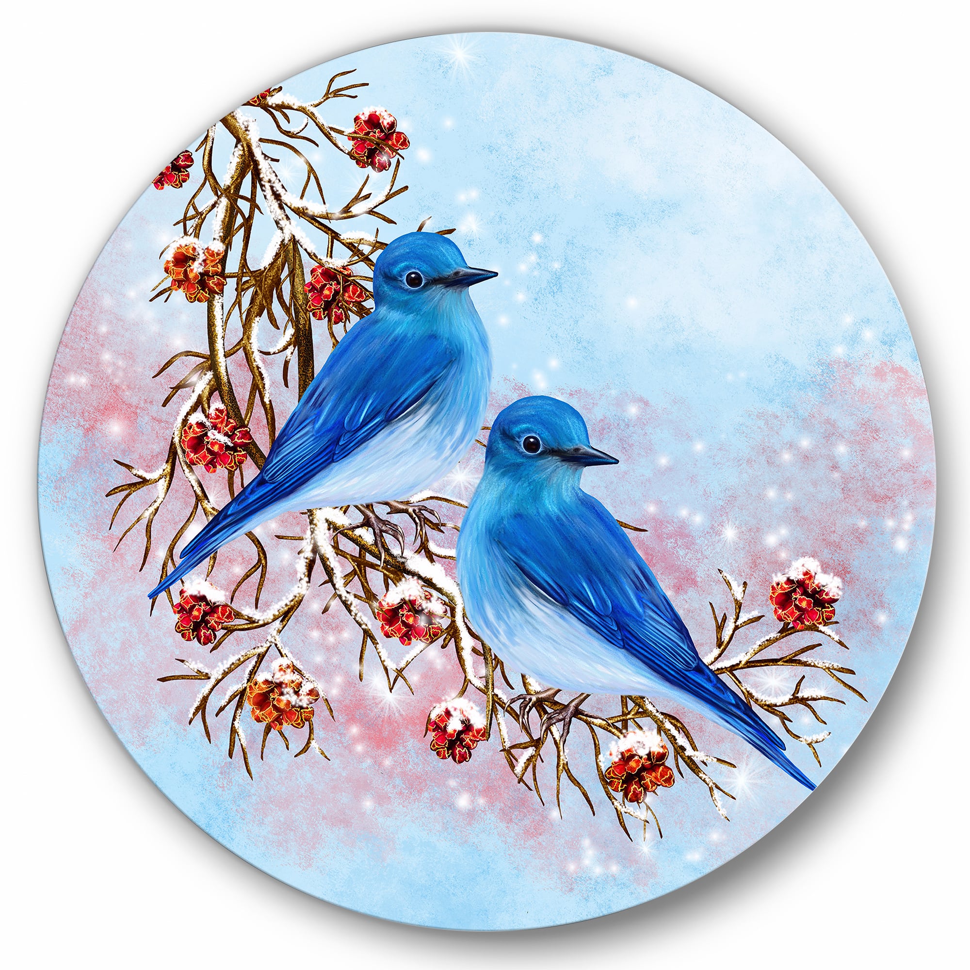 Designart - Two Blue Birds Sitting On A Branch With Berries - Traditional Metal Circle Wall Art