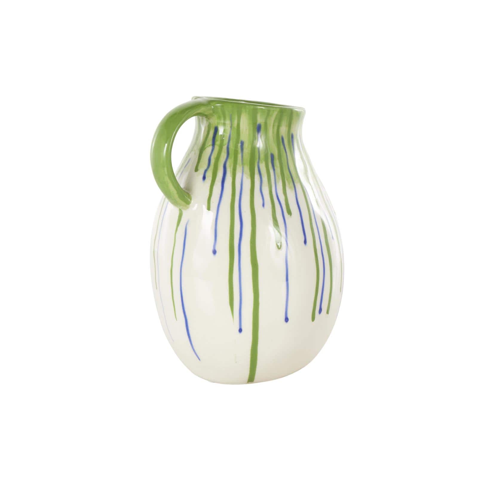 11" White, Green & Blue Drip Design Ceramic Vase with Handle