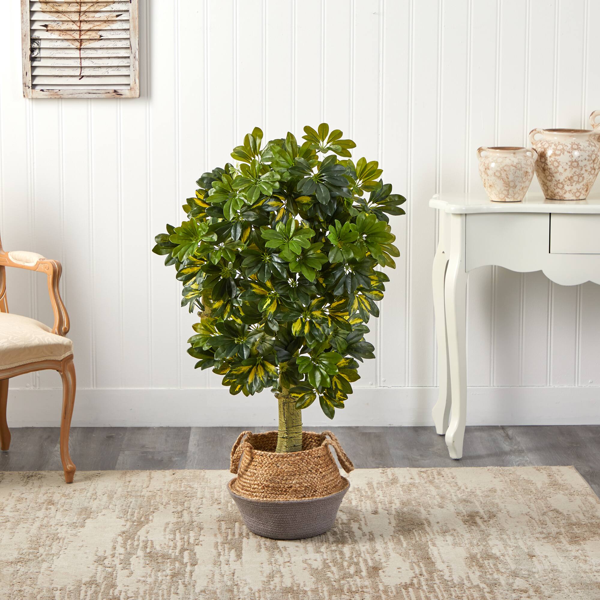 4ft. Schefflera Artificial Tree in Boho Chic Handmade Cotton & Jute Gray Woven Planter (Real Touch)