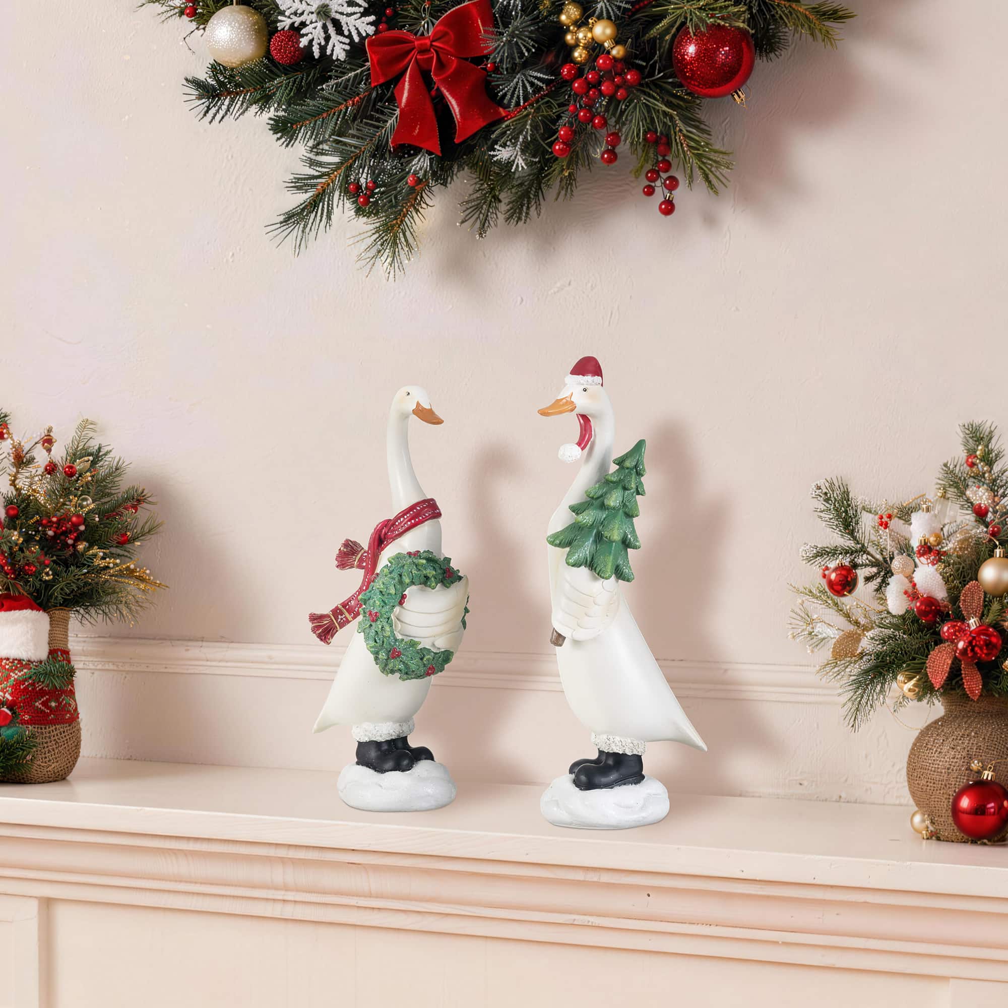 Glitzhome® Set of 2 Christmas Resin Goose with Wreath and Tree Table Decor