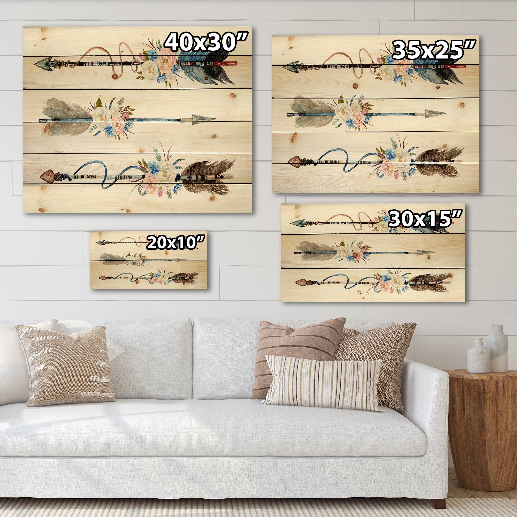 Designart - Ethnic Feathers and Flowers On Native Arrows I - Bohemian & Eclectic Print on Natural Pine Wood