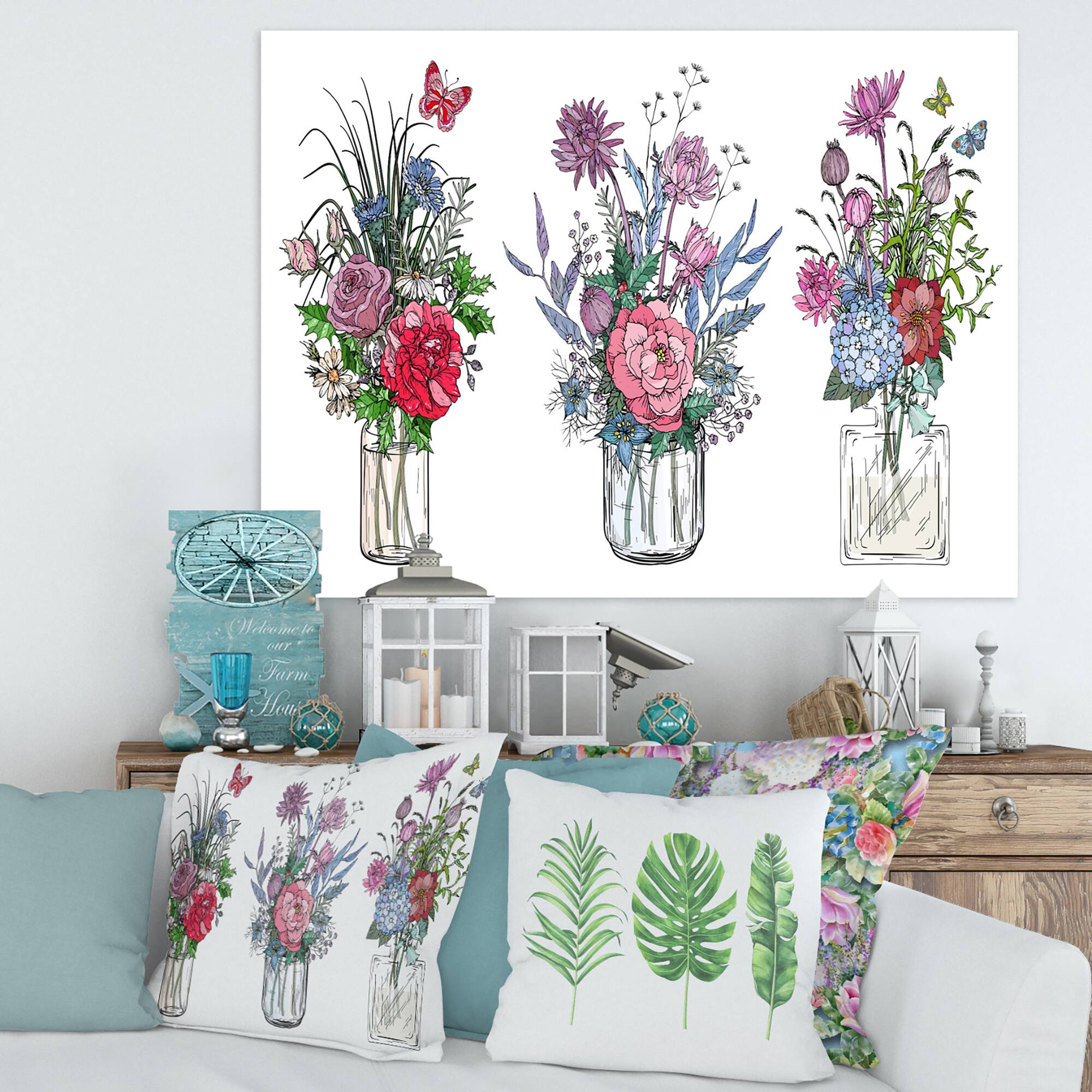 Designart - Bouquets of Wildflowers In Transparent Vases I - Farmhouse Canvas Wall Art Print