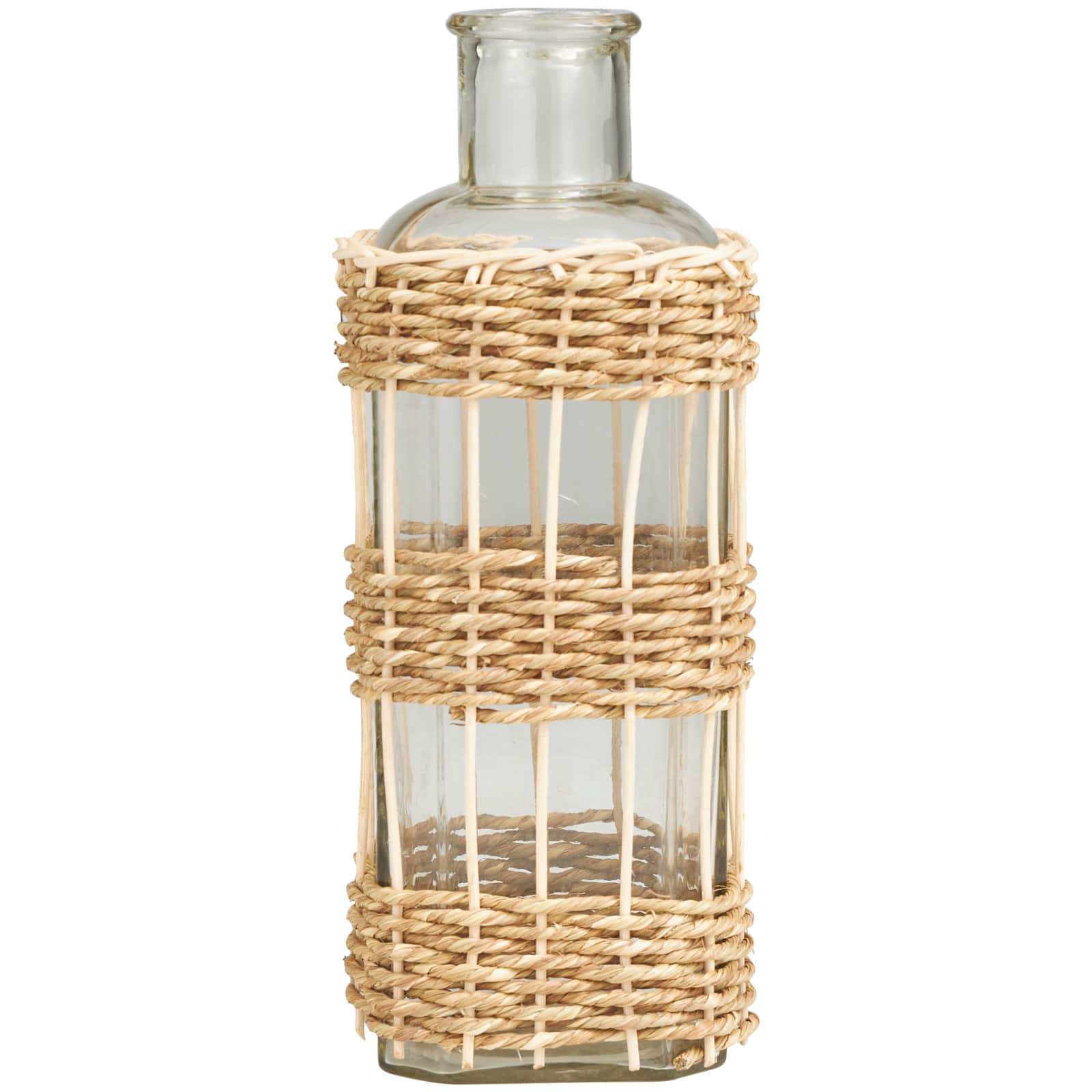 13" Clear Glass Handmade Vase with Light Brown Rattan Woven Body