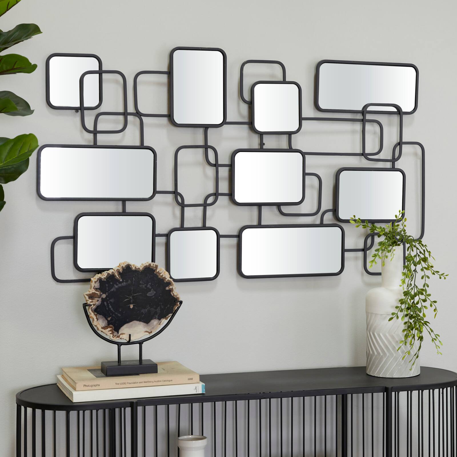 Black Modern Abstract Wall Mirror, 45" x 1" x 26"