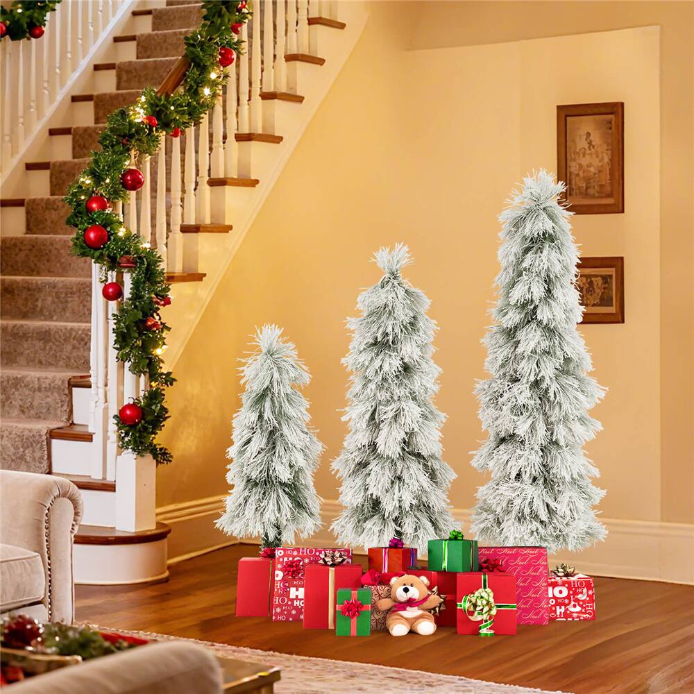 3ft., 4ft., 5ft. Pre-Lit Snow-Pressed Artificial Christmas Tree Set, Warm White LED Lights