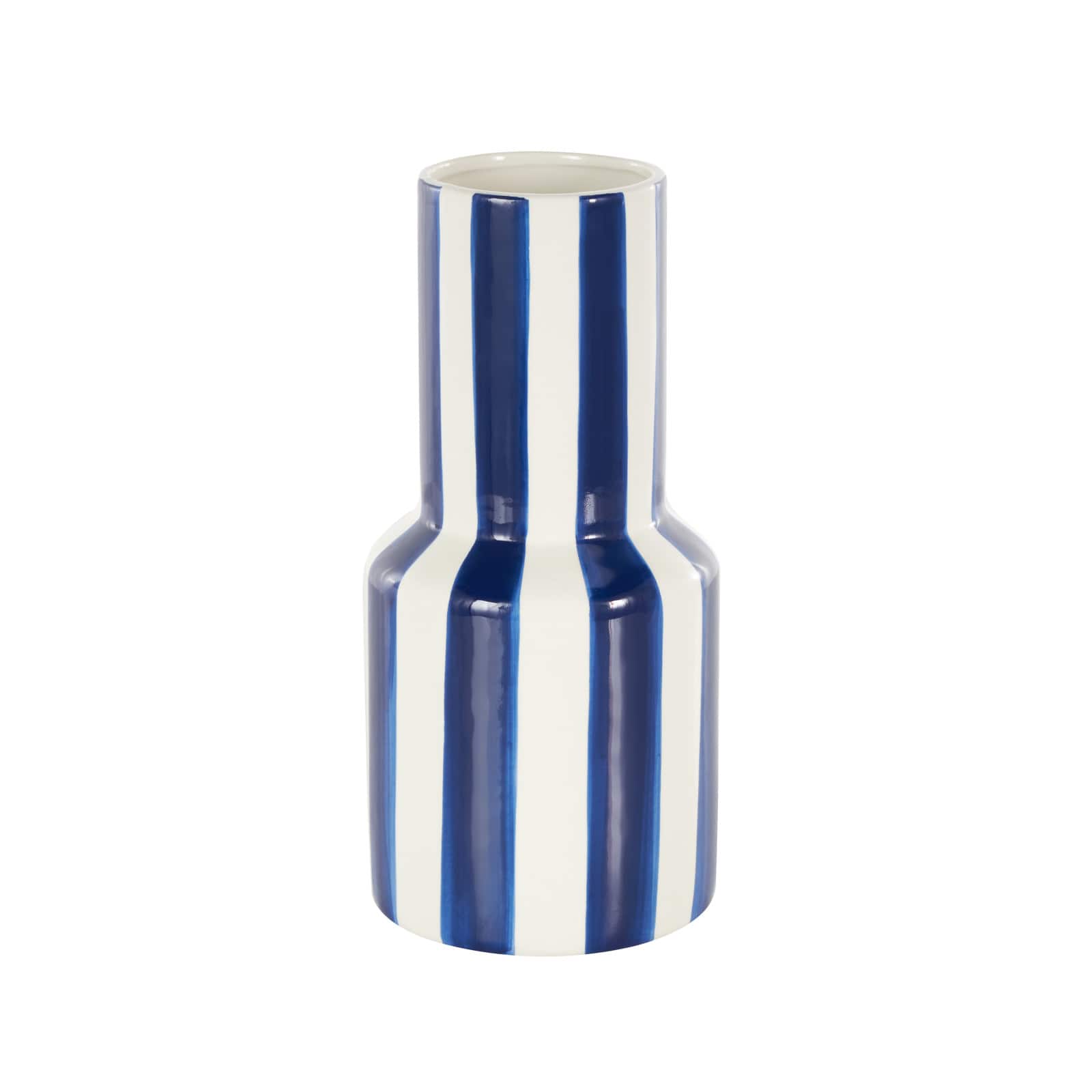 11" White & Blue Stripes Round Decorative Ceramic Vase