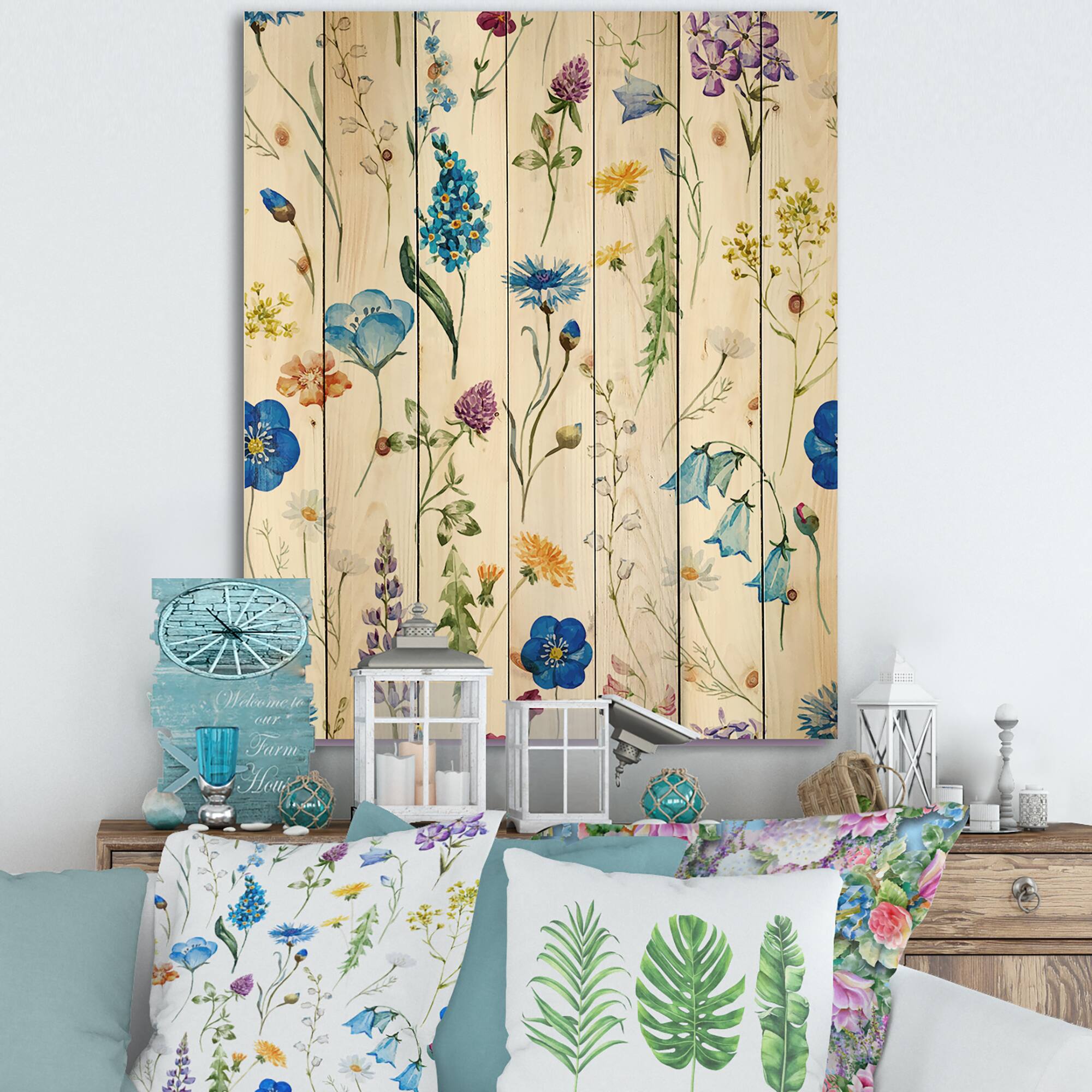 Designart - Blue Wild Flowers - Traditional Print on Natural Pine Wood