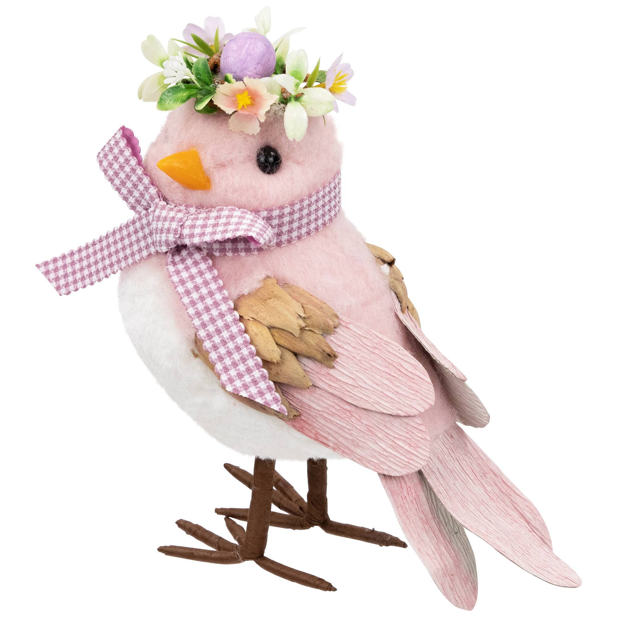 7.75" Pink Plush Bird Easter Accent with Gingham Bow