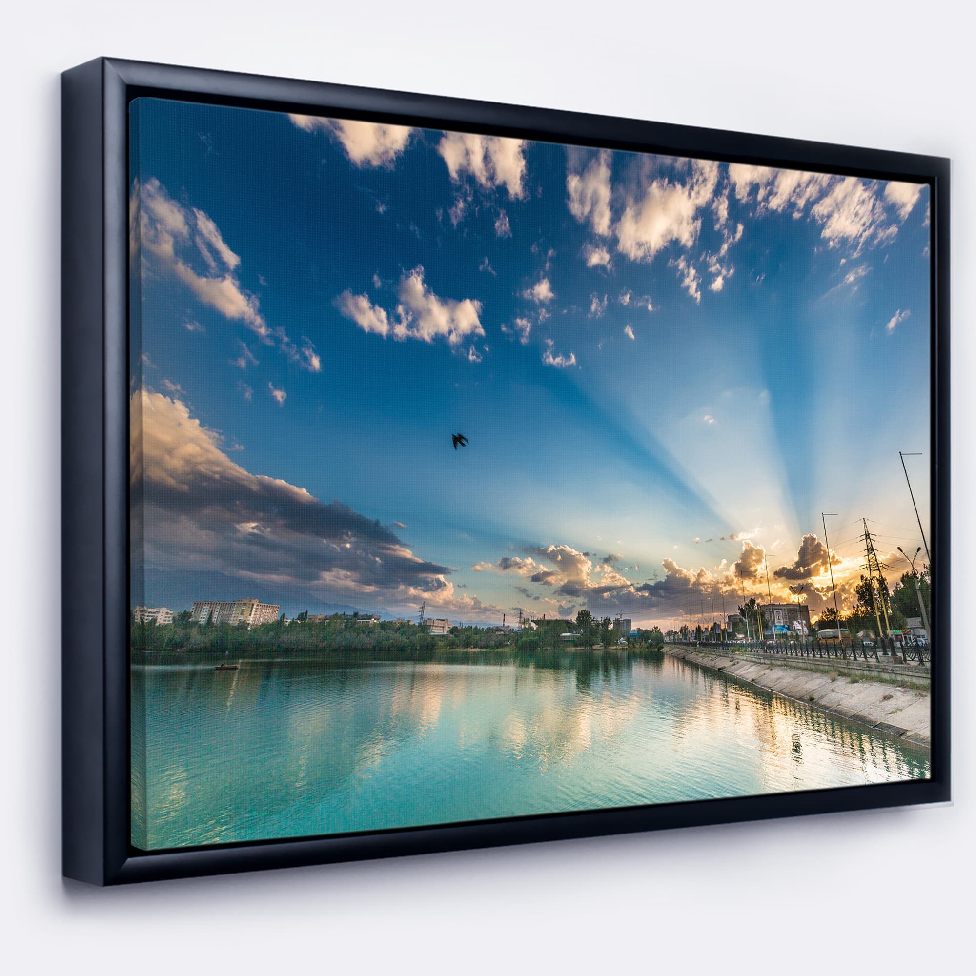Designart - Moving Clouds Over Lake - Landscape Photo Canvas Art Print in Black Frame