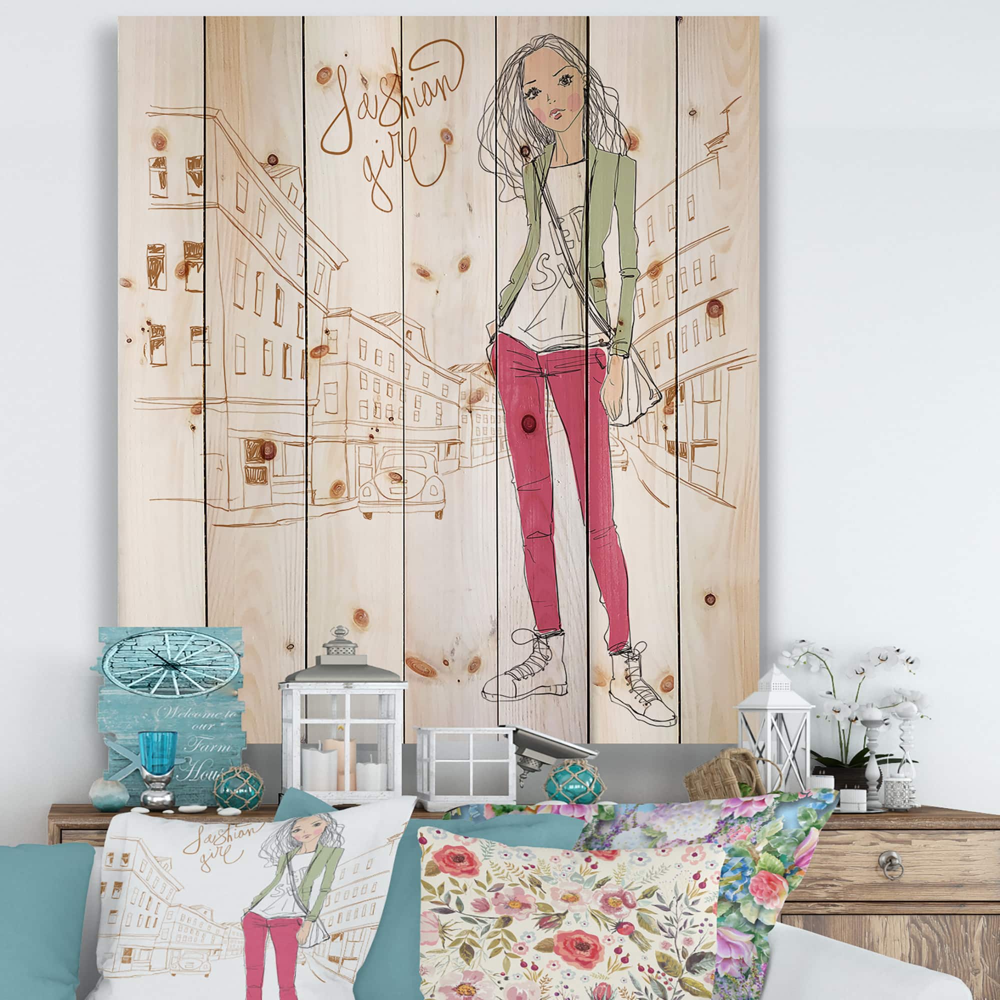 Designart - Trendy Fashion Girl II - Children's Art Print on Natural Pine Wood