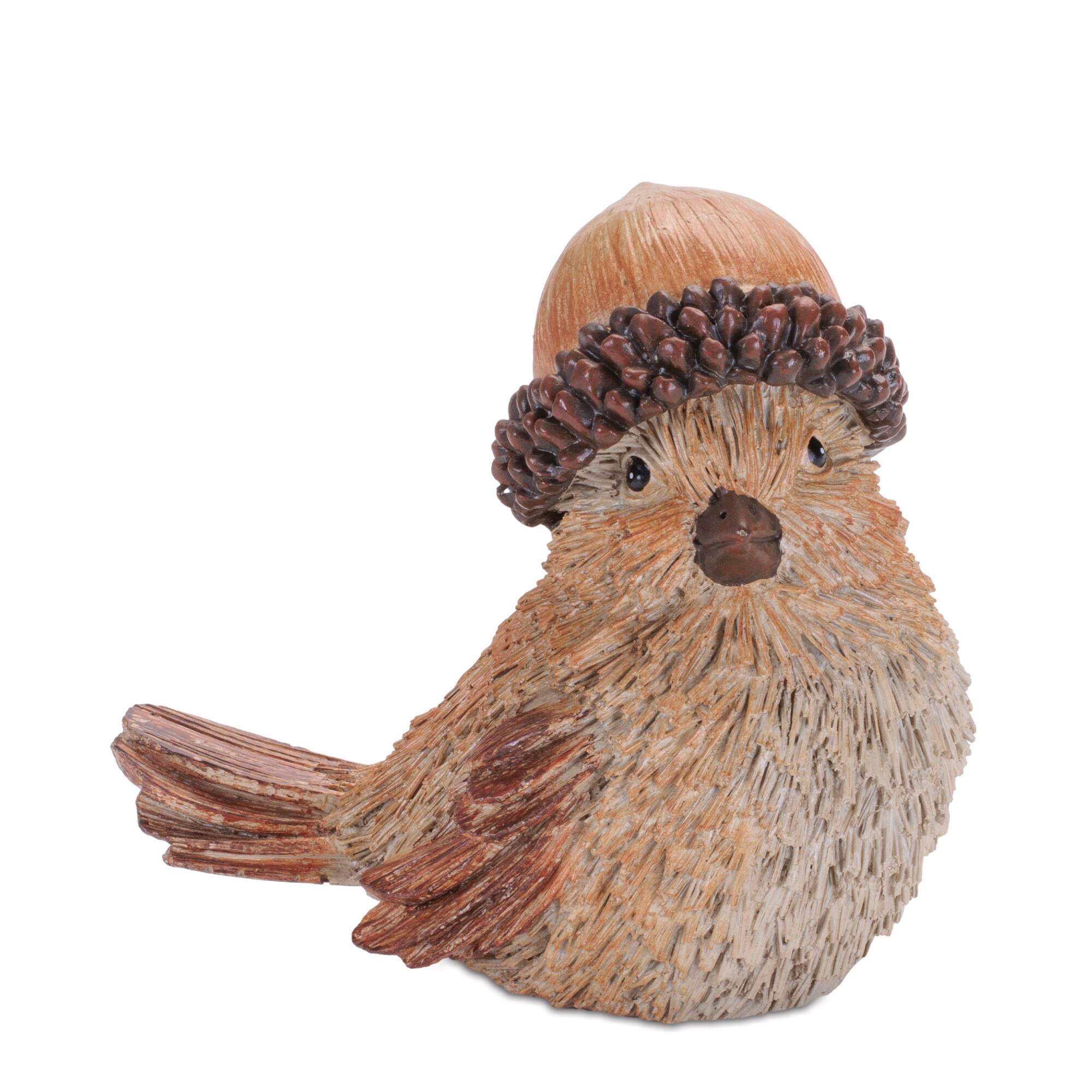 Brown Woodland Bird with Acorn Hat Figurine Set