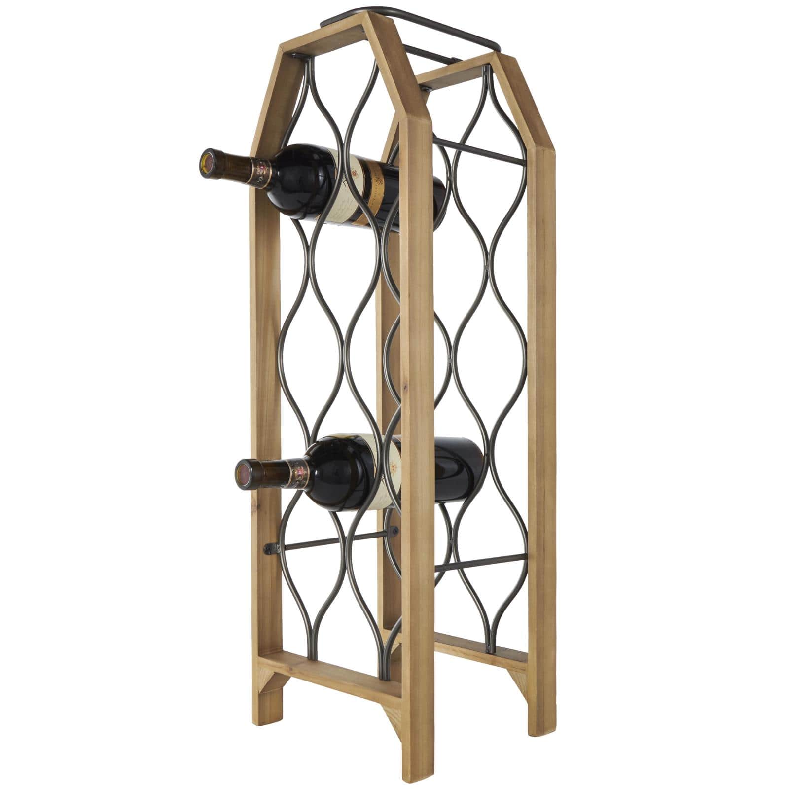 10" x 29" Brown Wood Tall 8 Slot Wine Rack with Gray Metal Curved Teardrop Holders