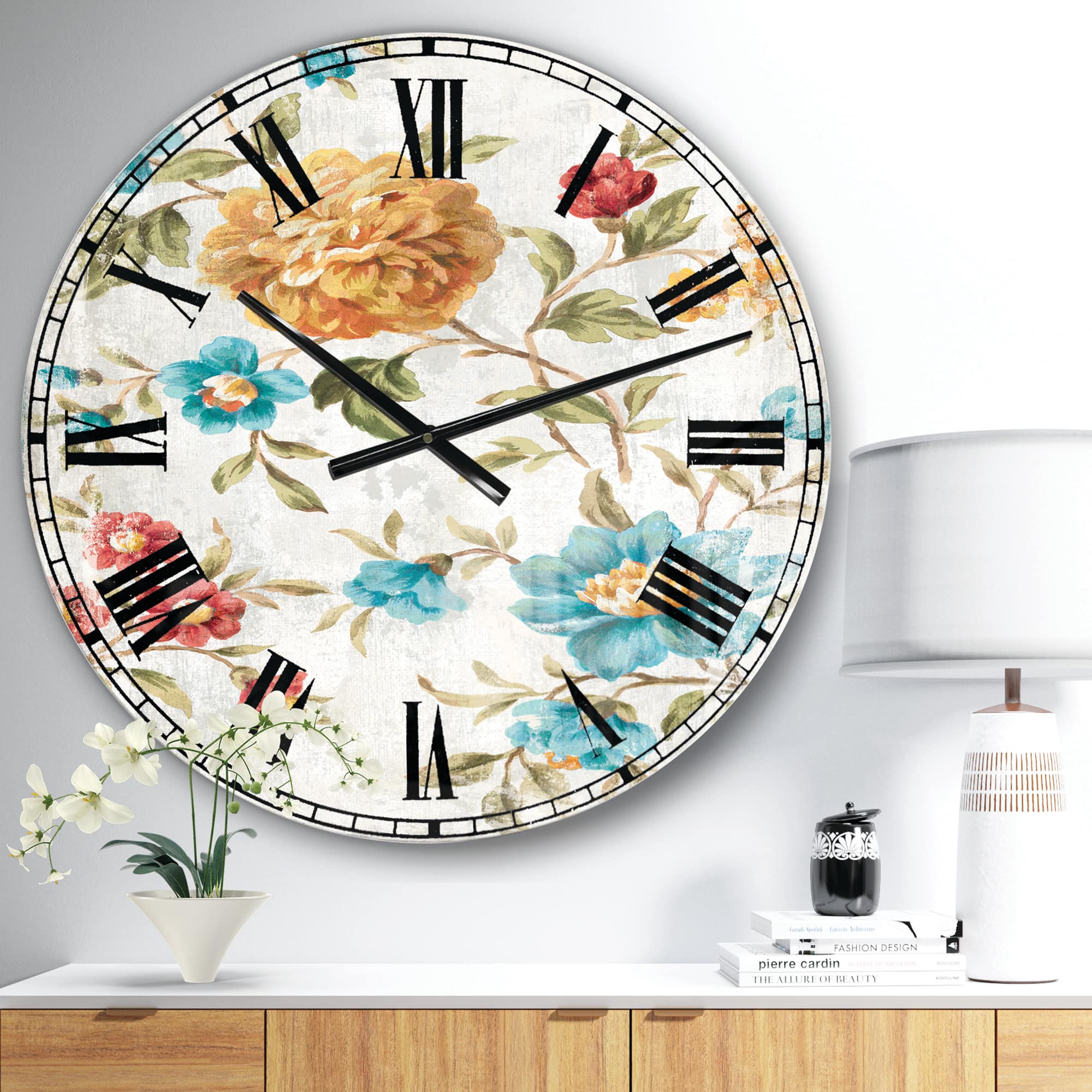 Designart 'Golden Flowers Lodge Wall Clock