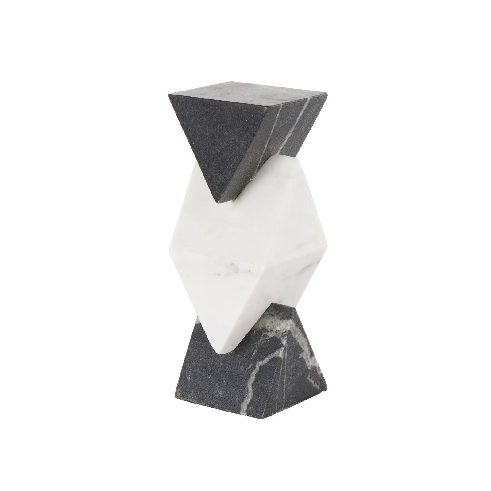 9.5" Black & White Geometric Stacked Pyramid Marble Sculpture with Diamond Center