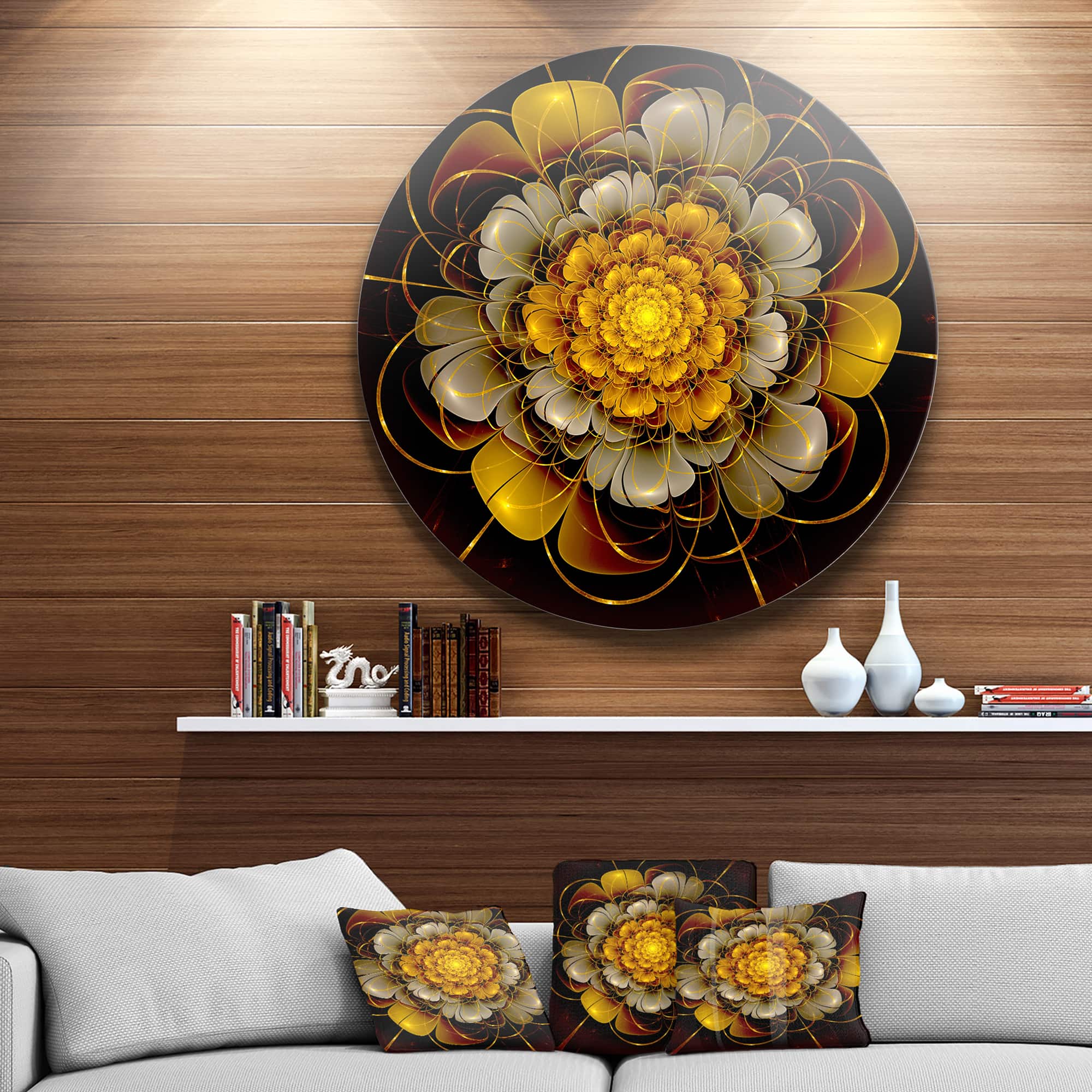 Designart - Dark Gold Fractal Flower' Disc Large Contemporary Circle Metal Wall Arts