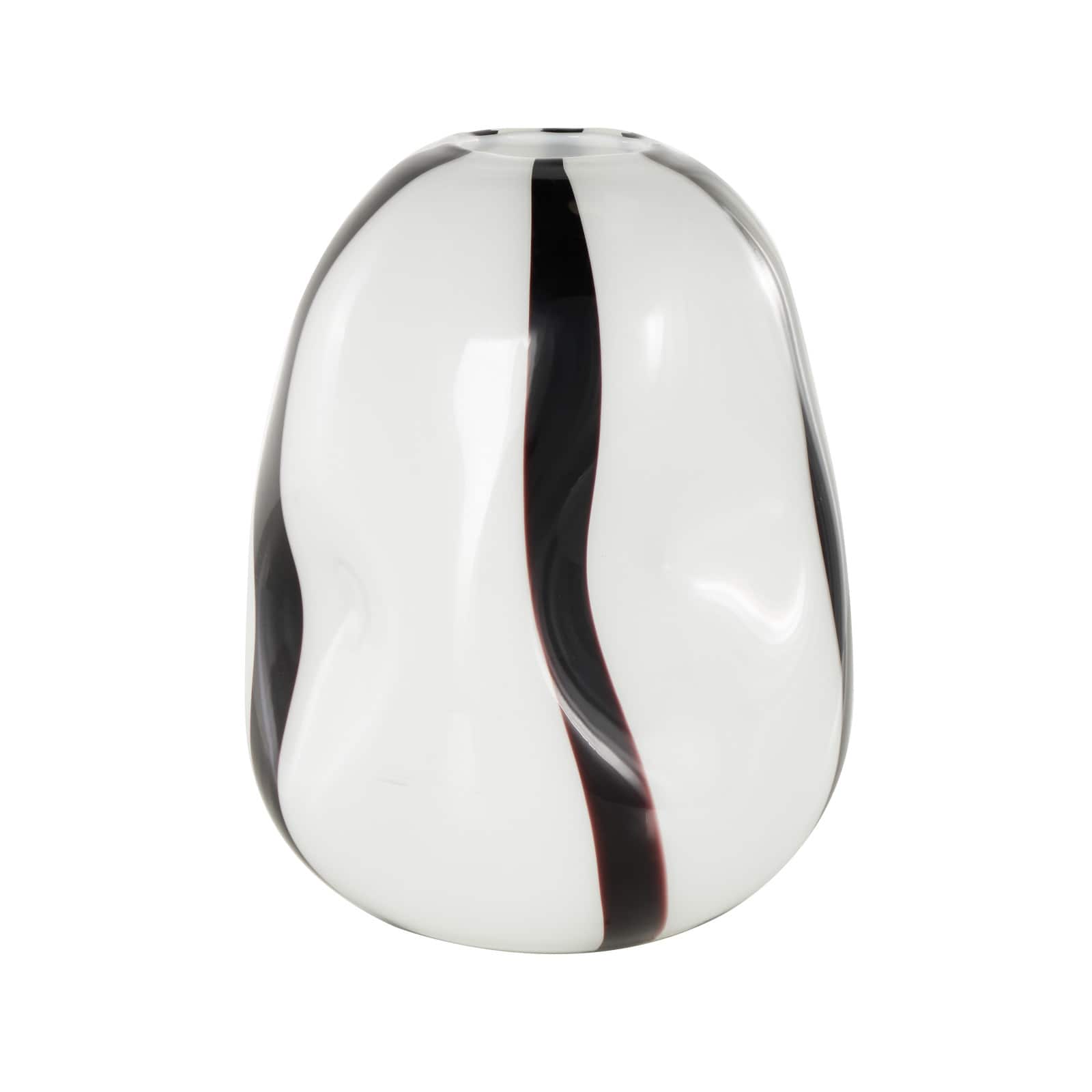 12" White & Black Stripes Glass Round Concaved Vase