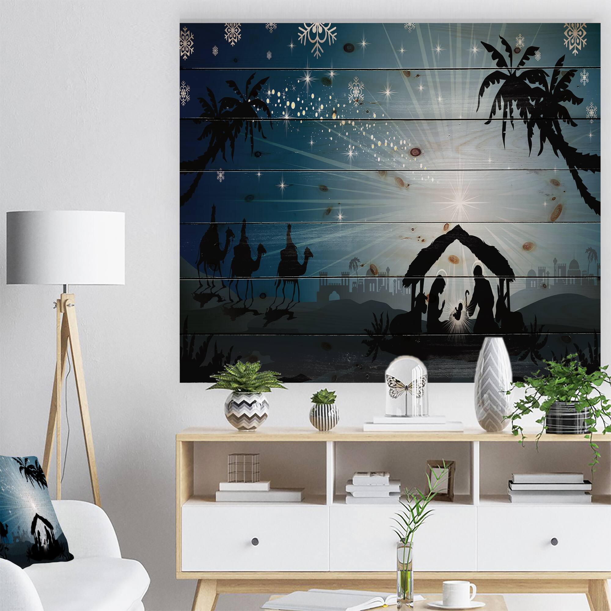 Designart Christmas Nativity Scene with Three Wise Men Print on Natural Pine Wood