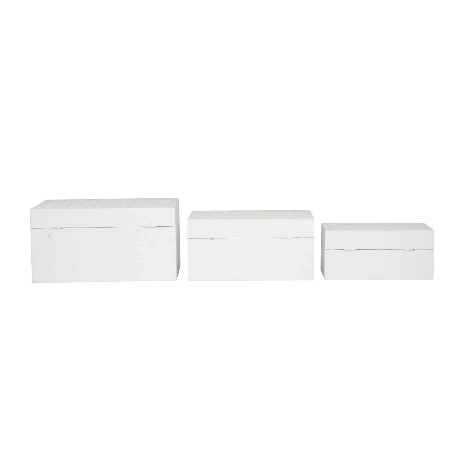 White Wood Intricate Carved Box with Hinged Lid Set