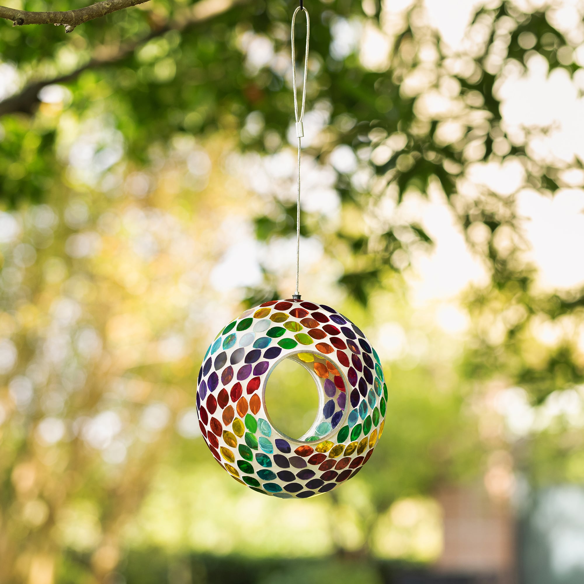 Glitzhome® 8" Multicolor Mosaic Glass Round Hanging Bird Feeder