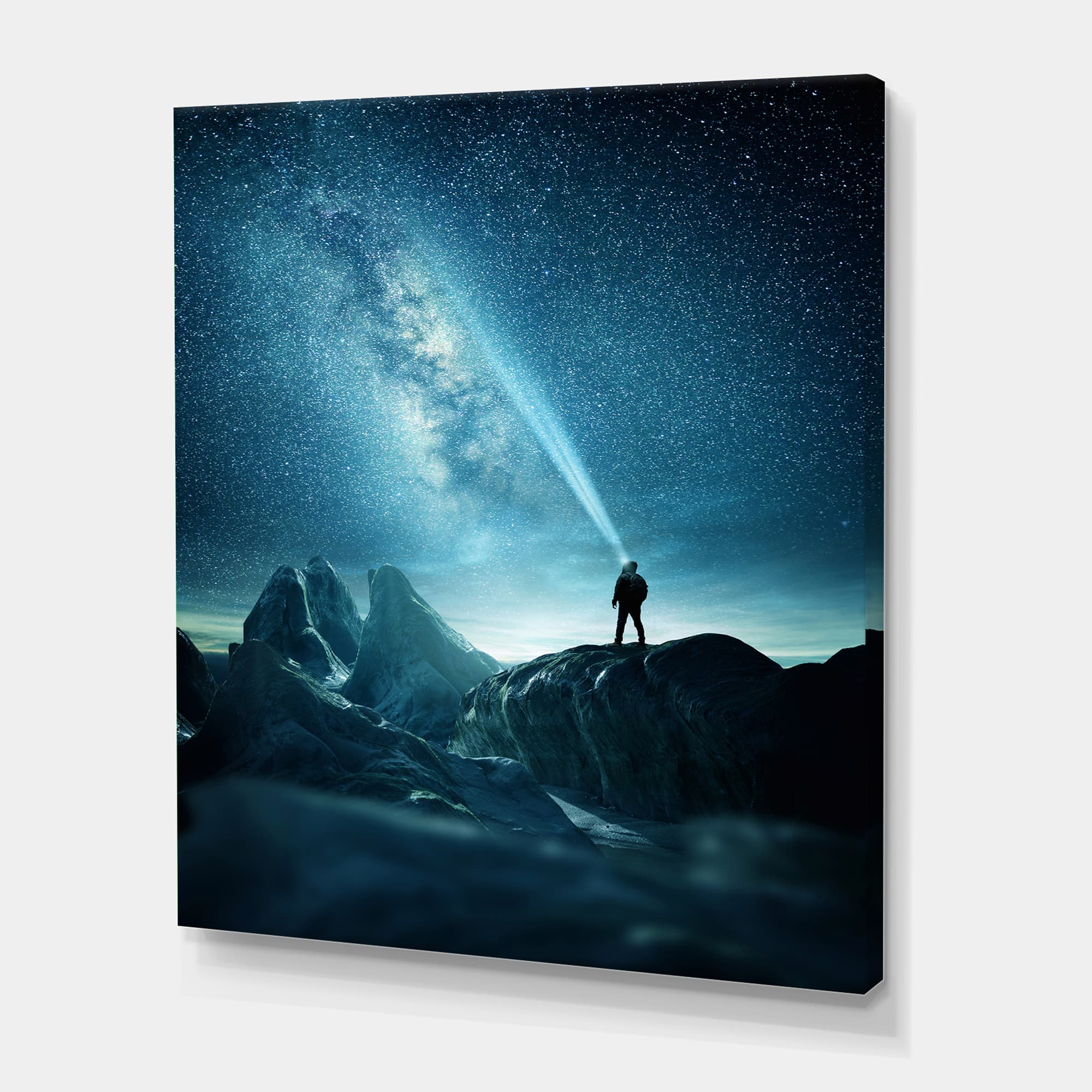 Designart - A Man Shining A Light Into The Night Sky - Modern Canvas Wall Art Print
