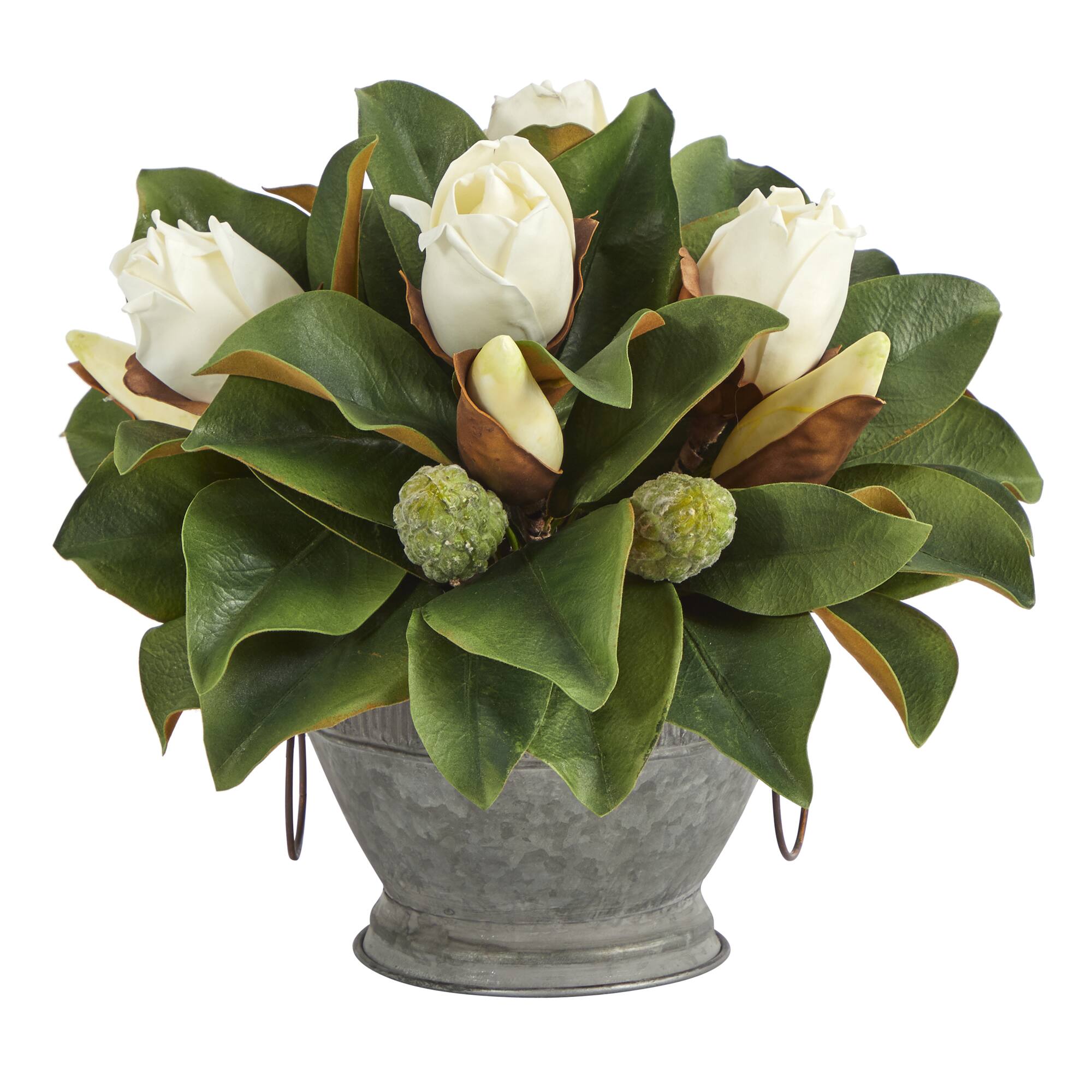 13" Magnolia Bud Plant in Vintage Bowl with Copper Trimming