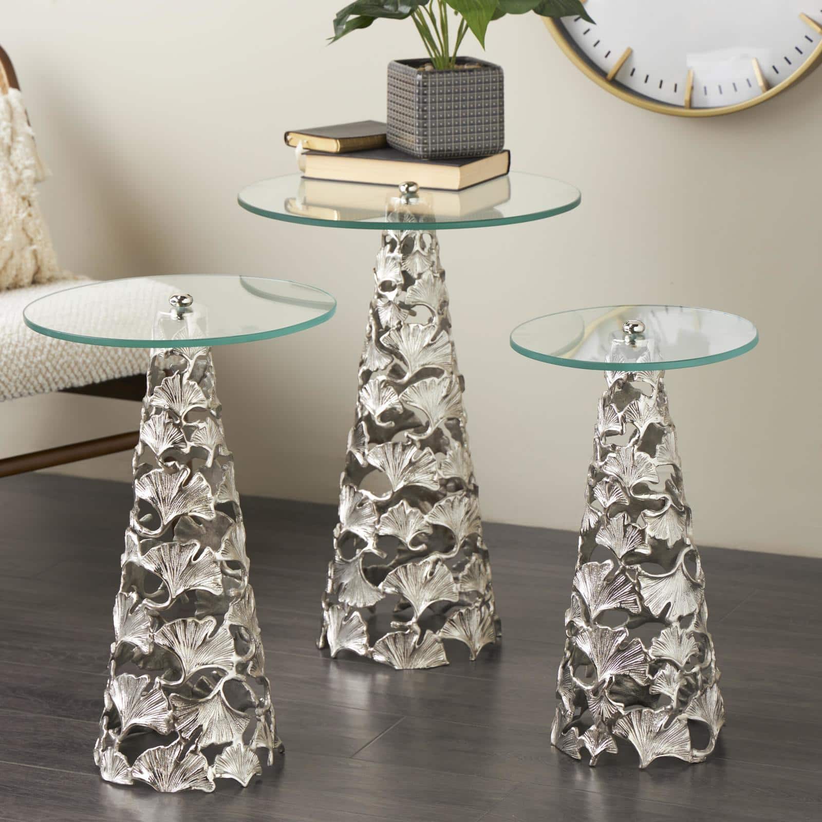 Silver Accent Table with Tempered Glass Tabletops Set 