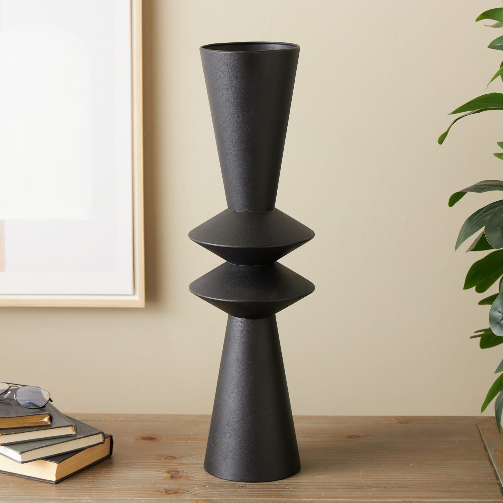 26" Black Fluted Metal Art Deco Vase